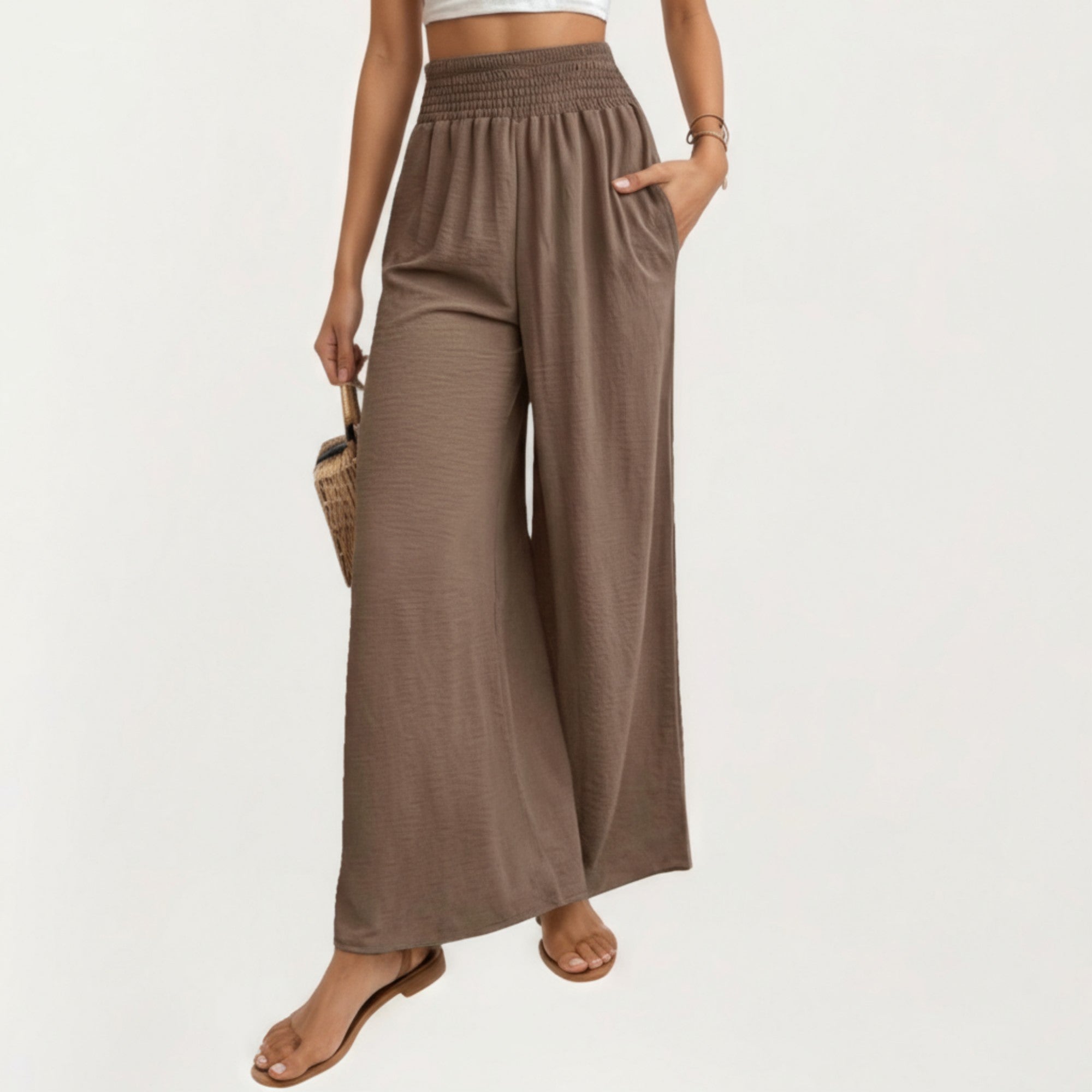 Anna-Kaci Women's High Waist Smocked Wide Leg Pants with Side Pockets and Relaxed Fit