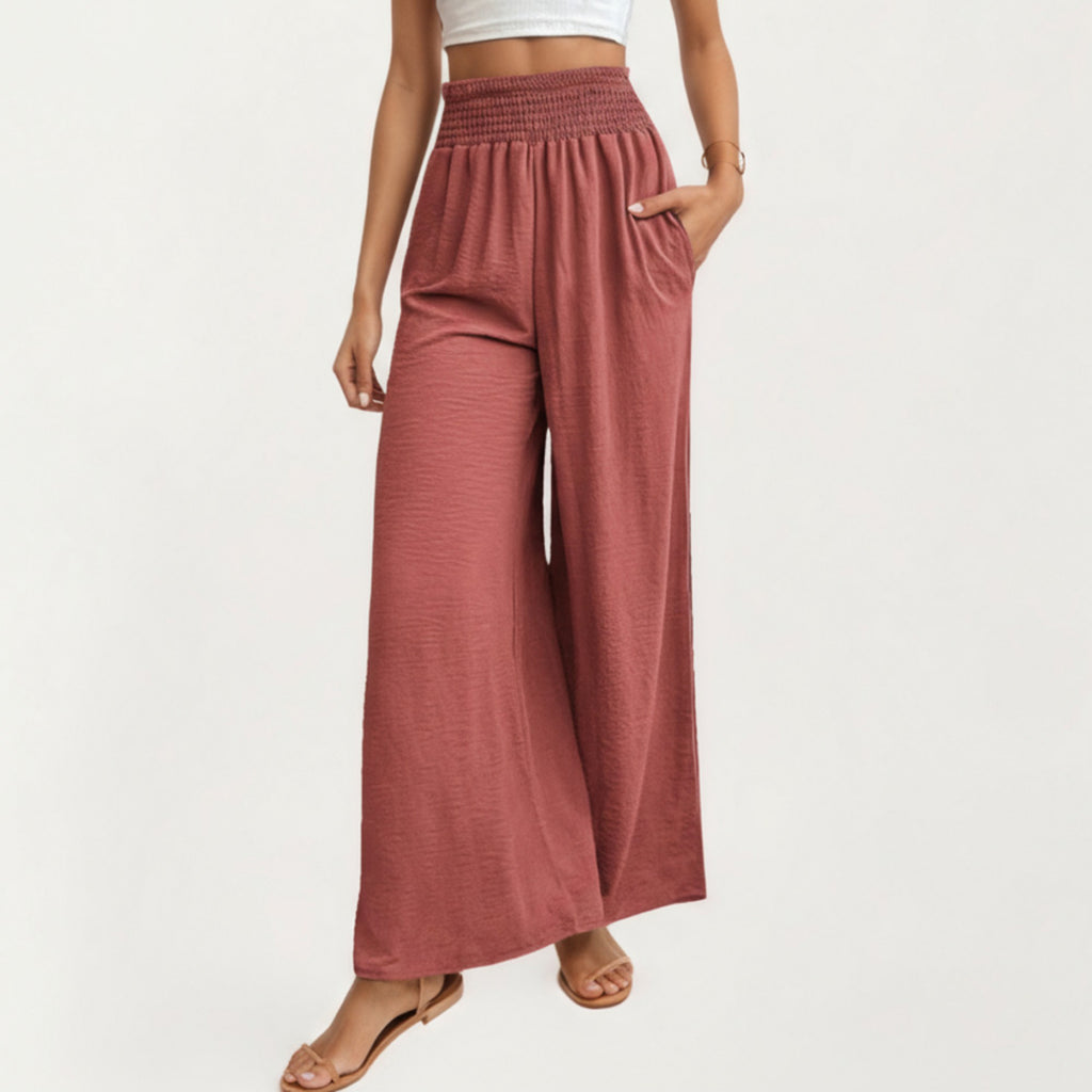 Anna-Kaci Women's High Waist Smocked Wide Leg Pants with Side Pockets and Relaxed Fit