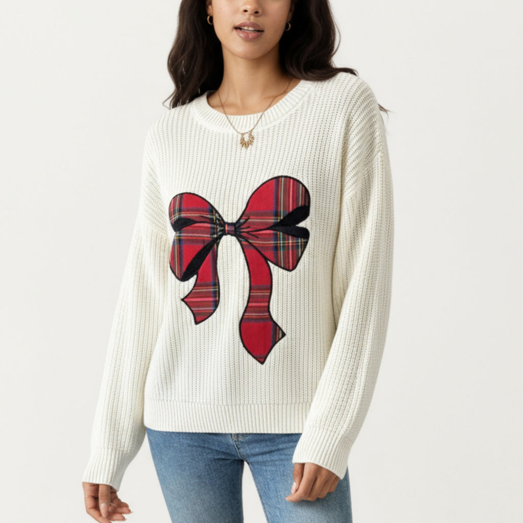 Anna-Kaci Women's Long Sleeve Knit Sweater with Plaid Bow Front Detail and Ribbed Hem