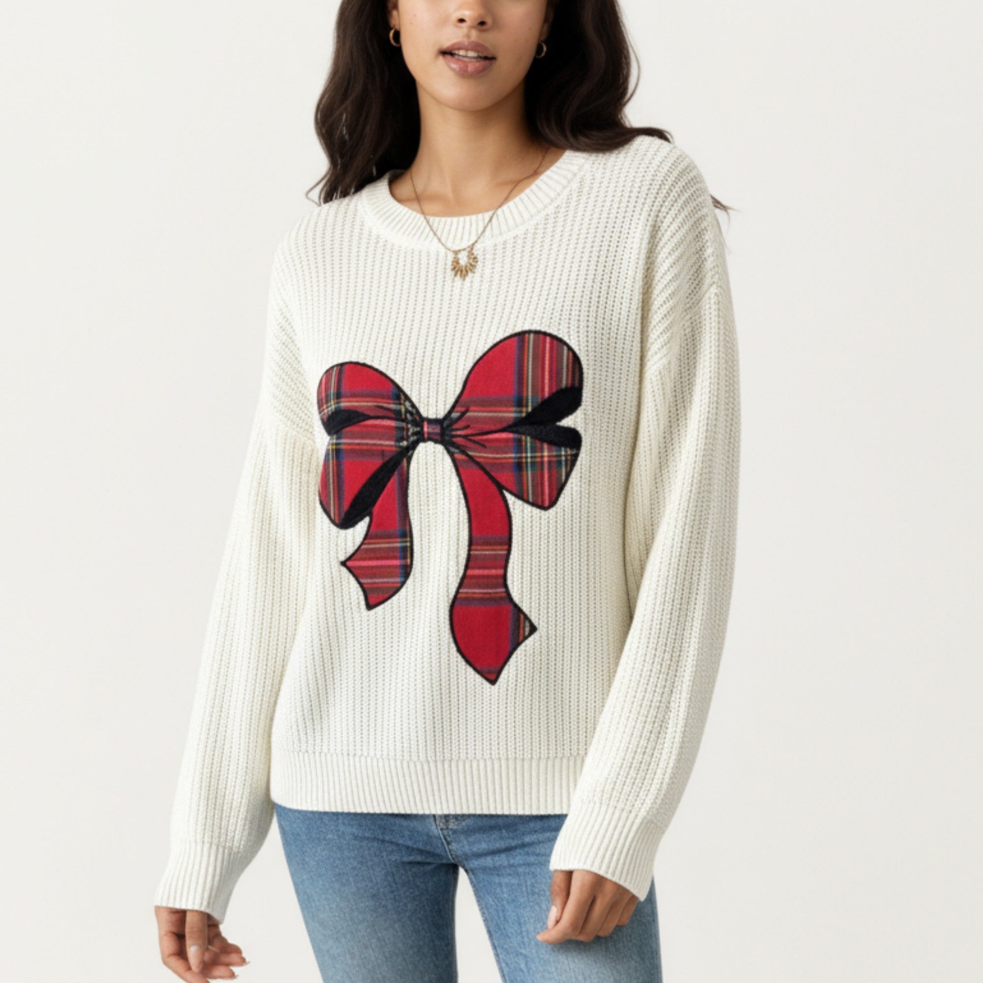 Anna-Kaci Women's Long Sleeve Knit Sweater with Plaid Bow Front Detail and Ribbed Hem