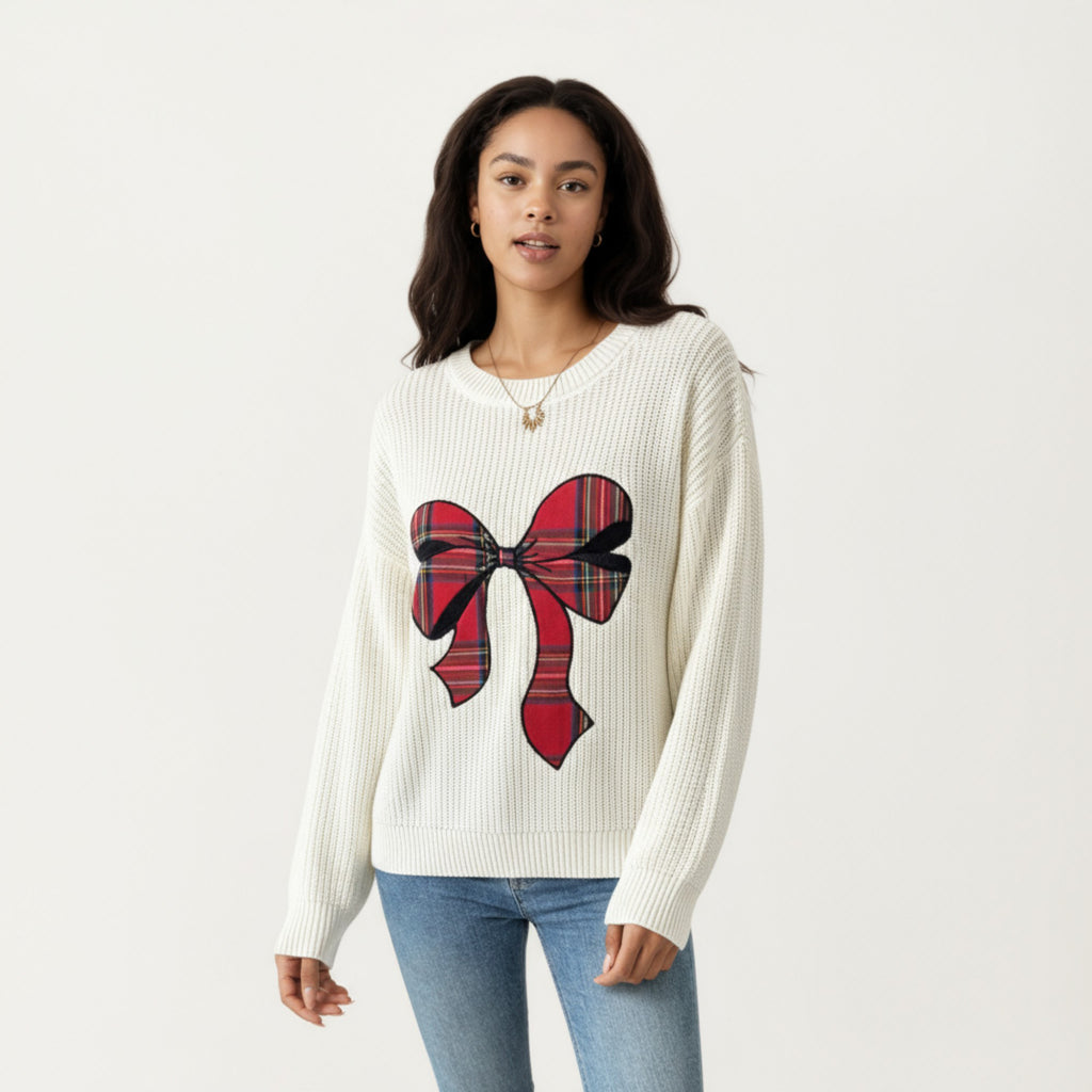 Anna-Kaci Women's Long Sleeve Knit Sweater with Plaid Bow Front Detail and Ribbed Hem
