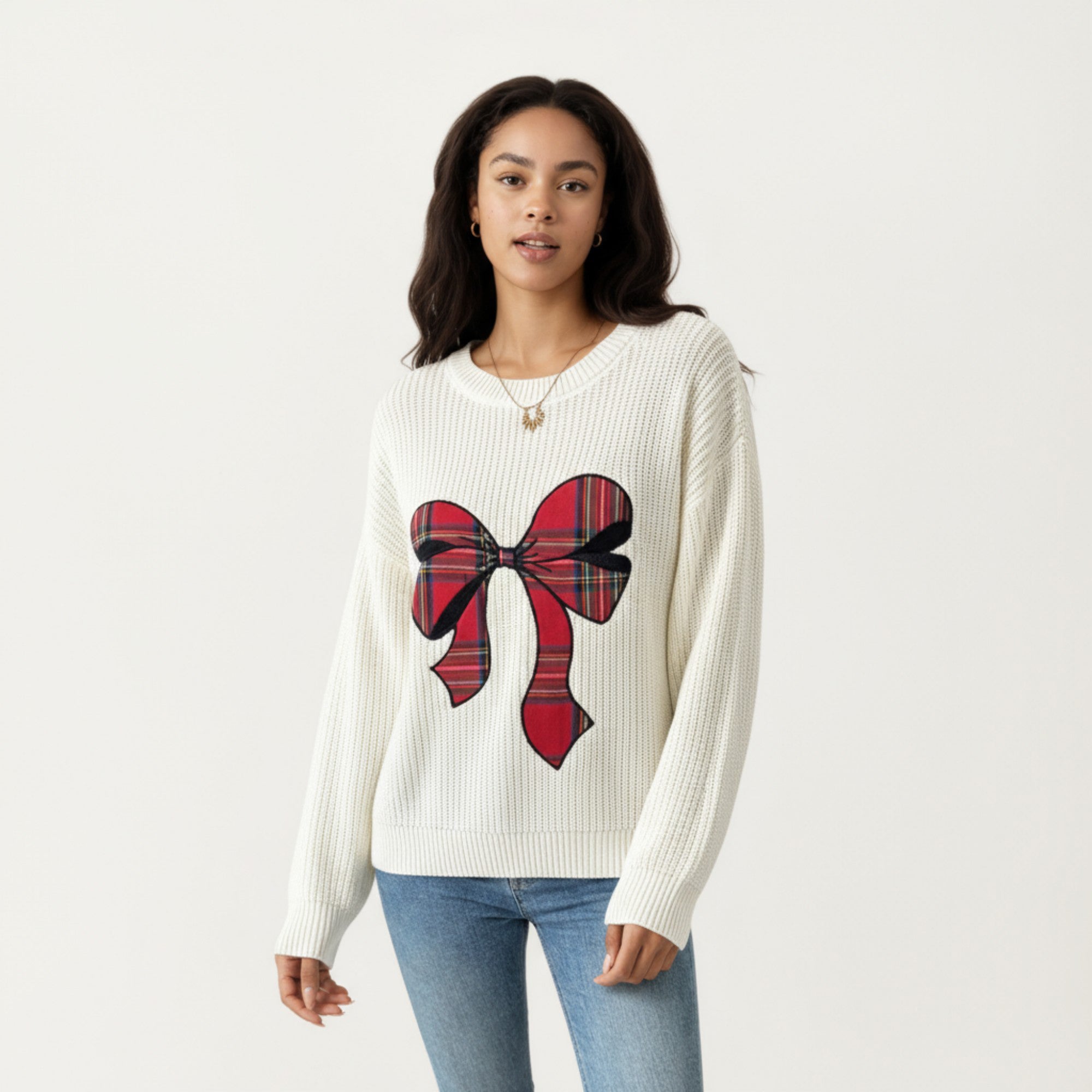 Anna-Kaci Women's Long Sleeve Knit Sweater with Plaid Bow Front Detail and Ribbed Hem