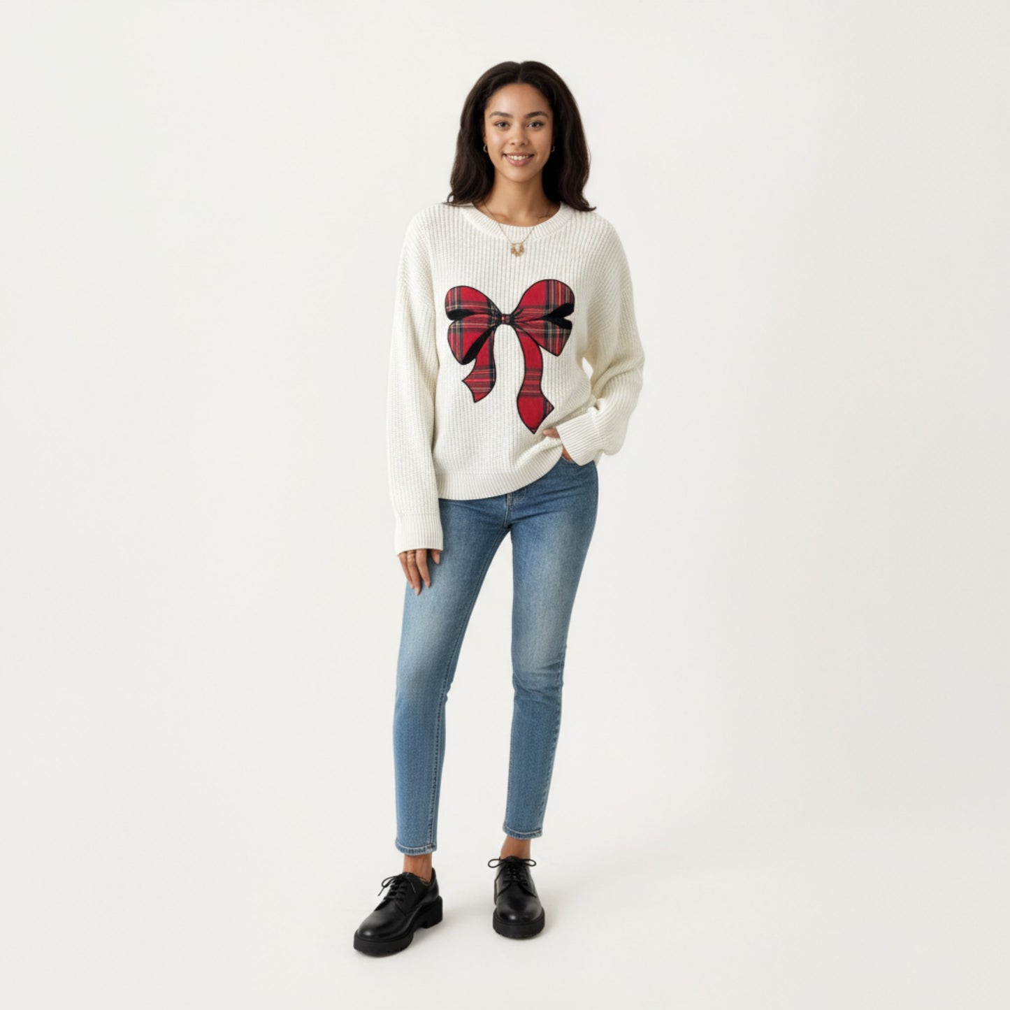 Anna-Kaci Women's Long Sleeve Knit Sweater with Plaid Bow Front Detail and Ribbed Hem