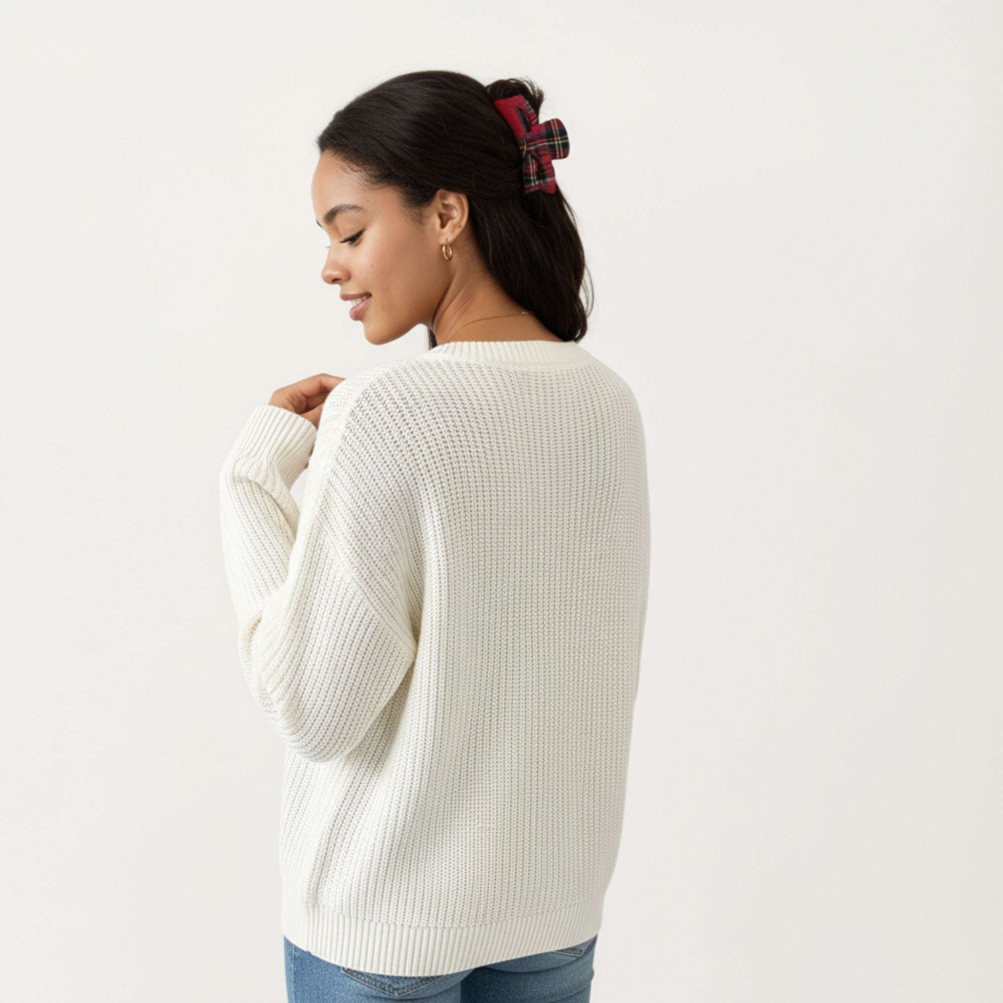 Anna-Kaci Women's Long Sleeve Knit Sweater with Plaid Bow Front Detail and Ribbed Hem