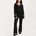 Anna-Kaci Women's 2-Piece Set Knit V-Neck Top and Flare Pants with Contrast Trim Details