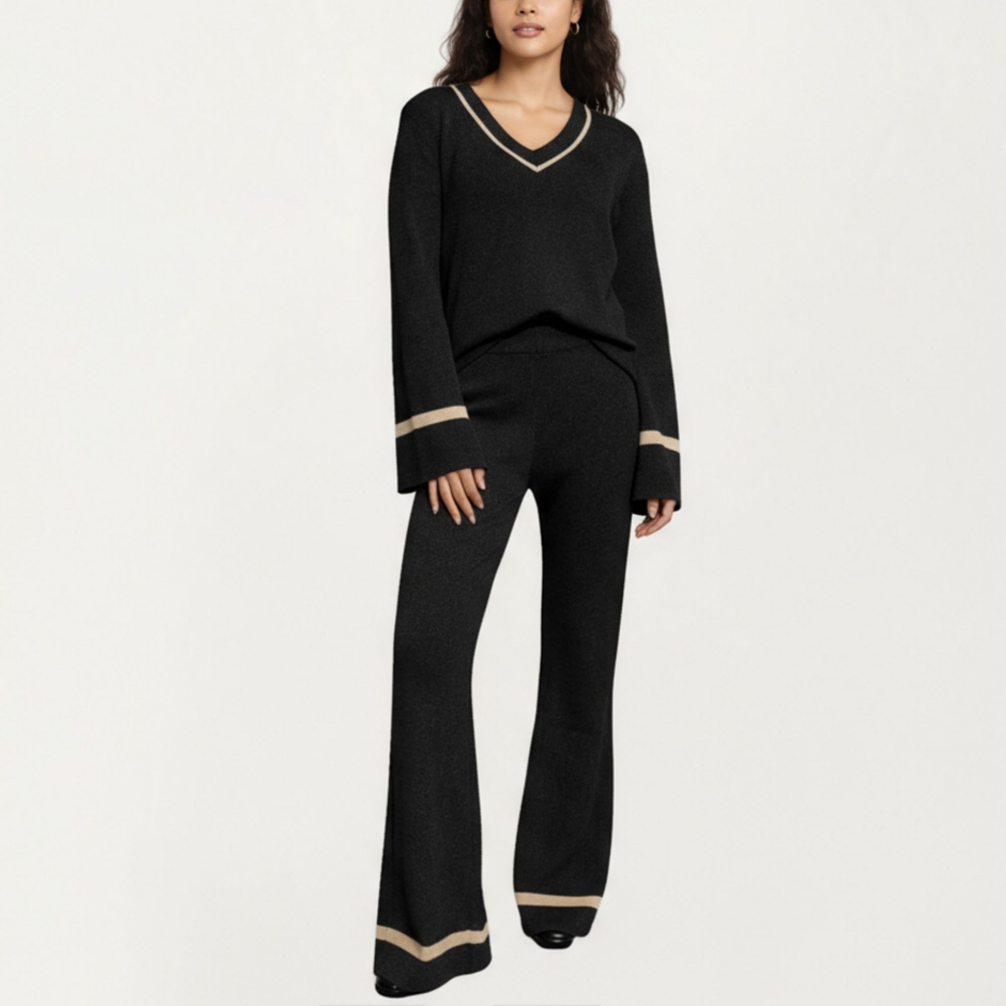 Anna-Kaci Women's 2-Piece Set Knit V-Neck Top and Flare Pants with Contrast Trim Details