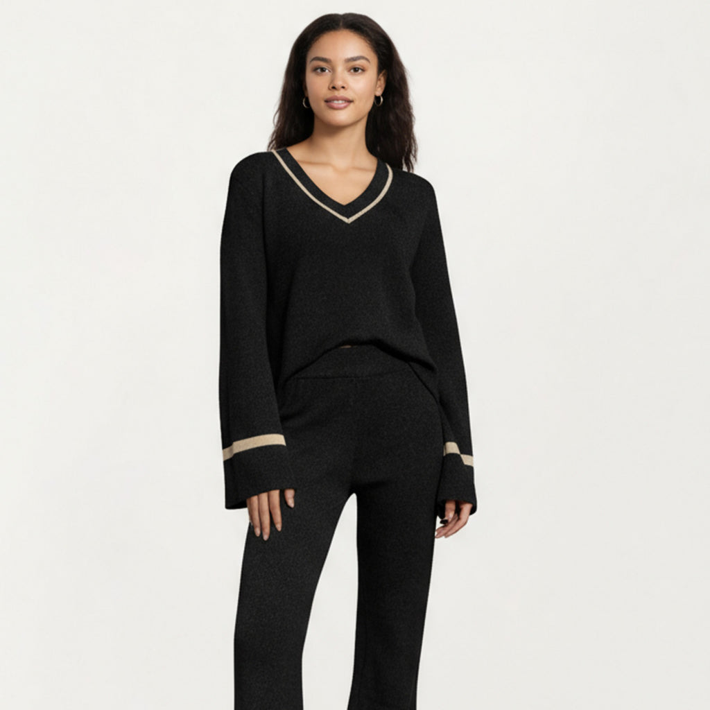 Anna-Kaci Women's 2-Piece Set Knit V-Neck Top and Flare Pants with Contrast Trim Details