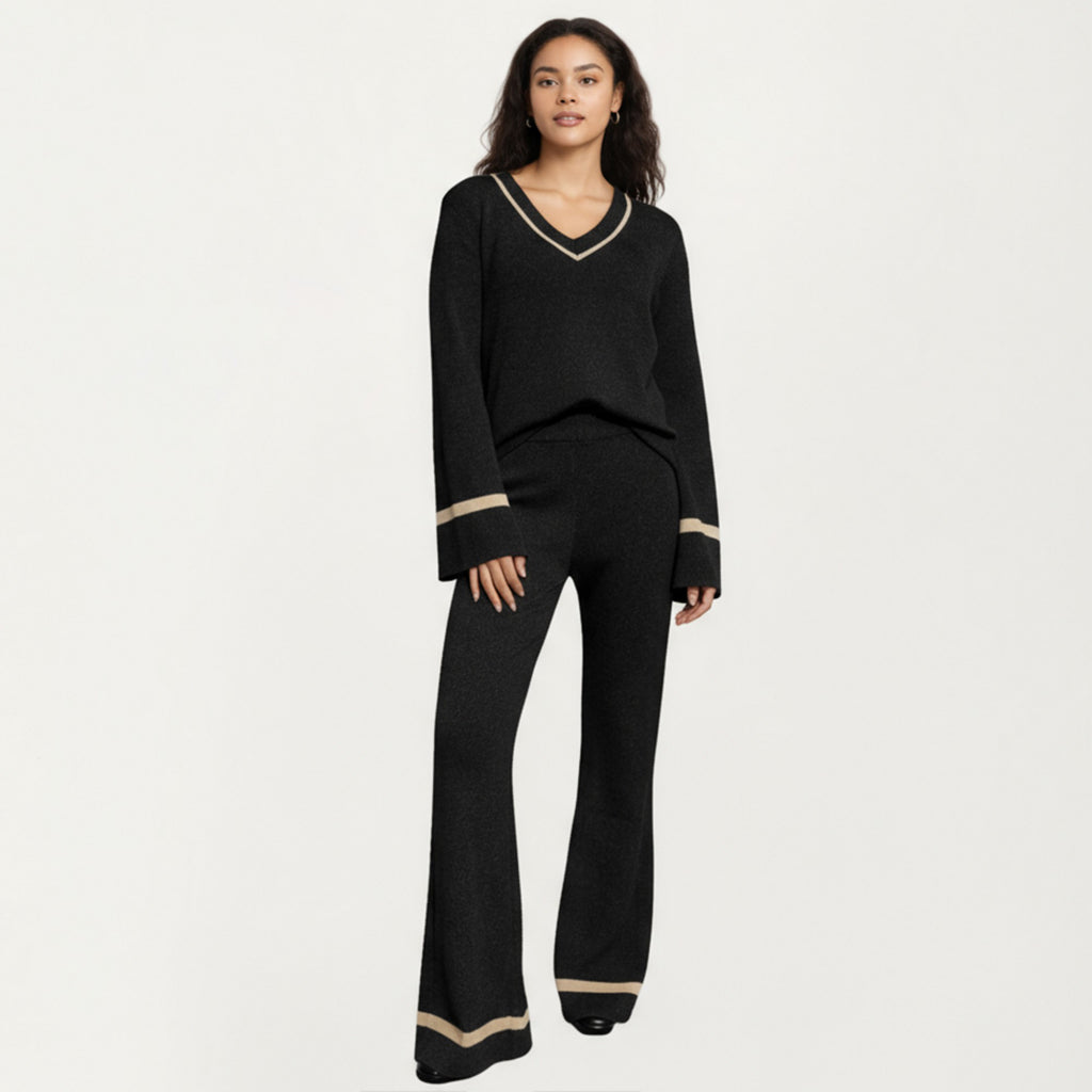 Anna-Kaci Women's 2-Piece Set Knit V-Neck Top and Flare Pants with Contrast Trim Details