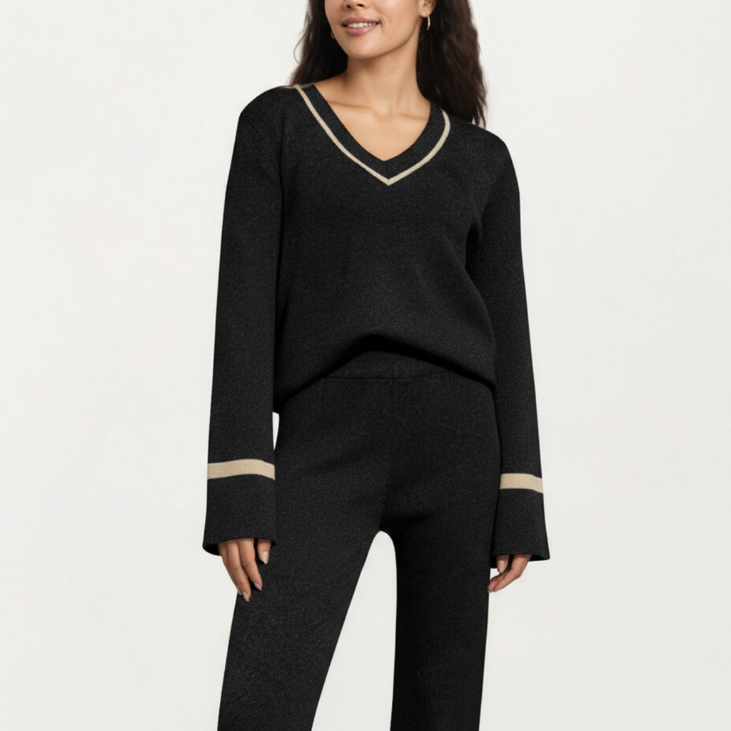 Anna-Kaci Women's 2-Piece Set Knit V-Neck Top and Flare Pants with Contrast Trim Details