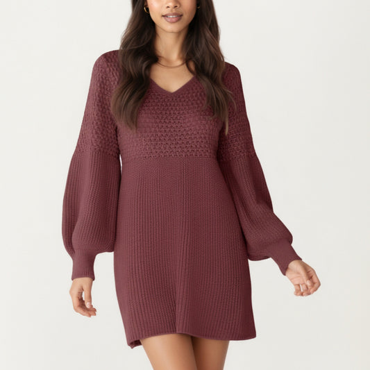 Anna-Kaci Women's Long Sleeve Knit Sweater Dress with Textured Stitch Detail and Balloon Sleeves