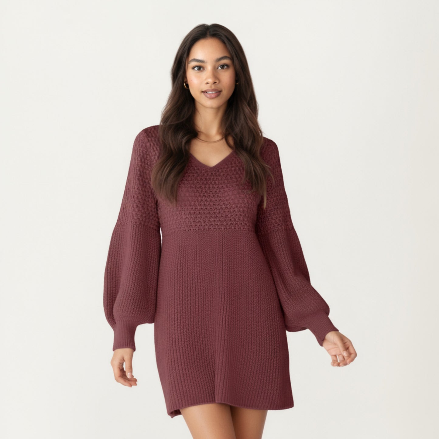 Anna-Kaci Women's Long Sleeve Knit Sweater Dress with Textured Stitch Detail and Balloon Sleeves