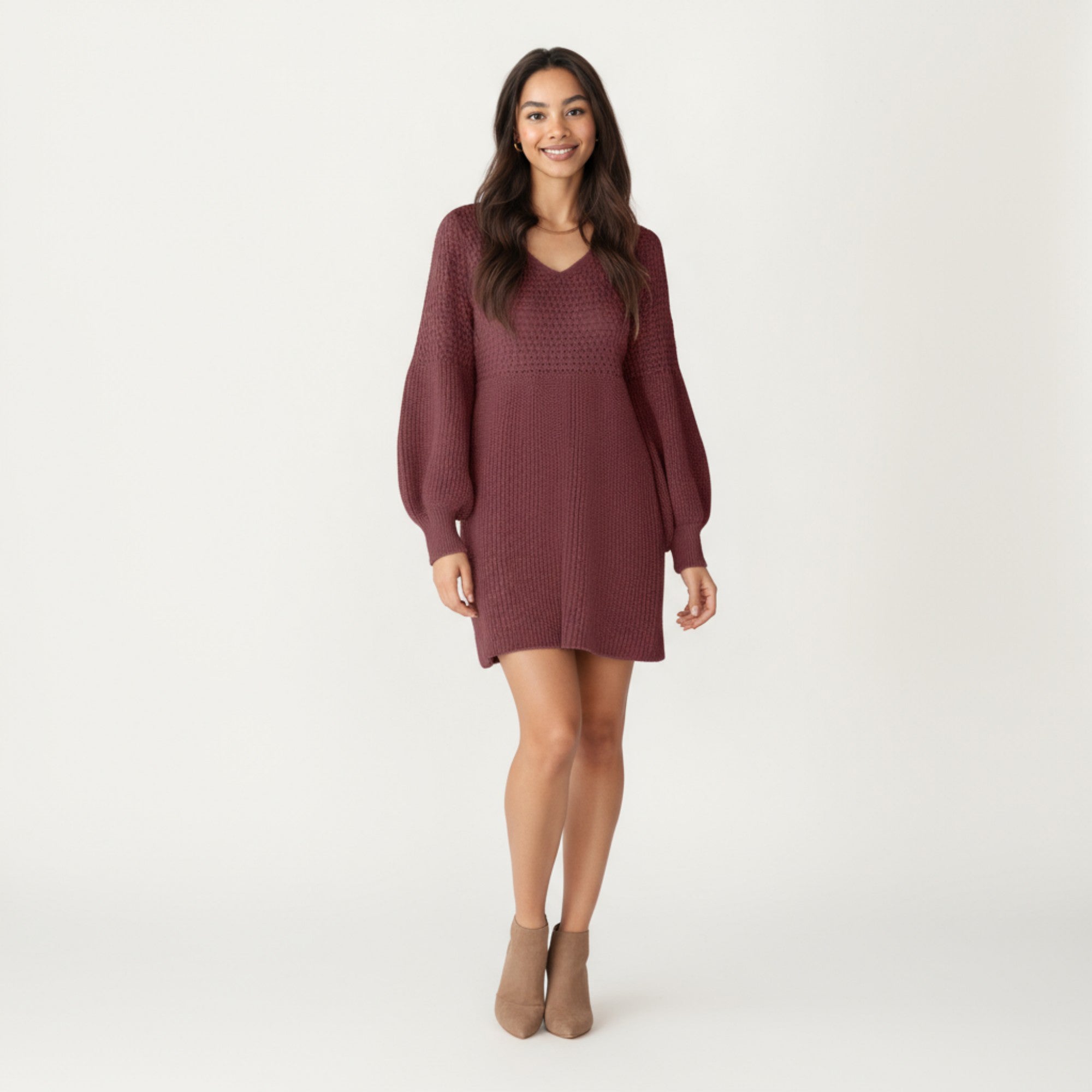 Anna-Kaci Women's Long Sleeve Knit Sweater Dress with Textured Stitch Detail and Balloon Sleeves