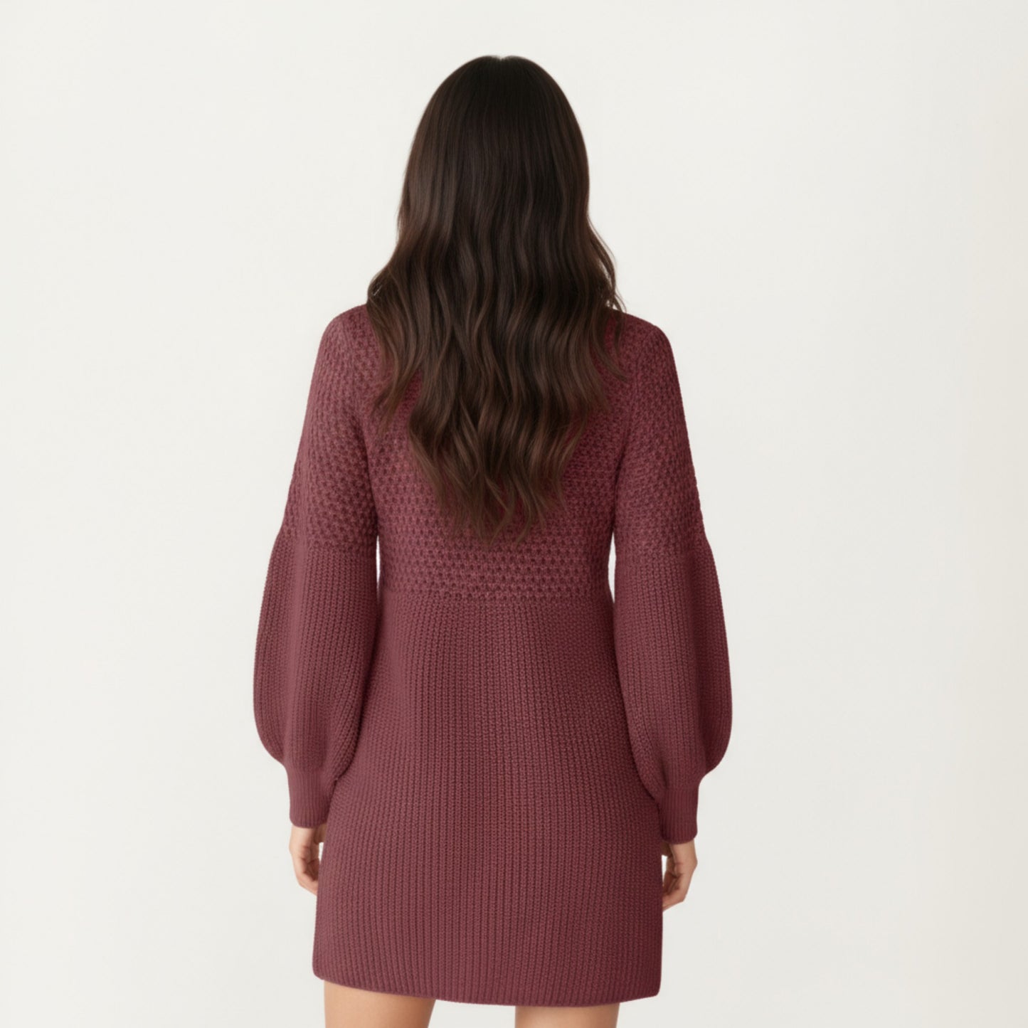 Anna-Kaci Women's Long Sleeve Knit Sweater Dress with Textured Stitch Detail and Balloon Sleeves
