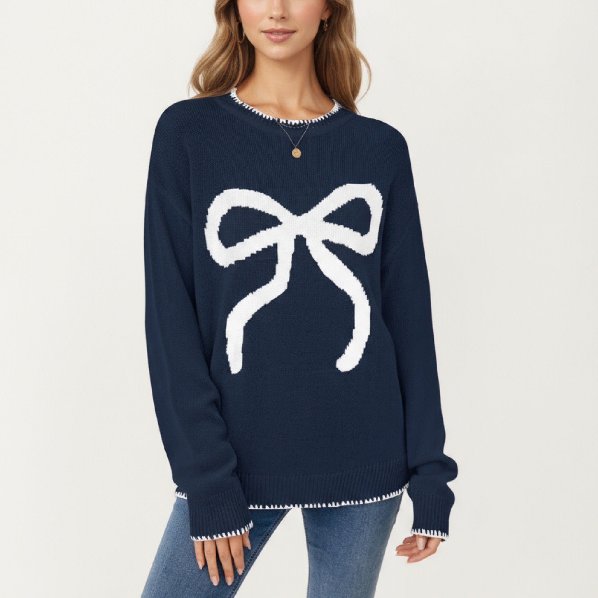 Anna-Kaci Women's Long Sleeve Knit Sweater with Textured Bow Front Detail and Ribbed Trim