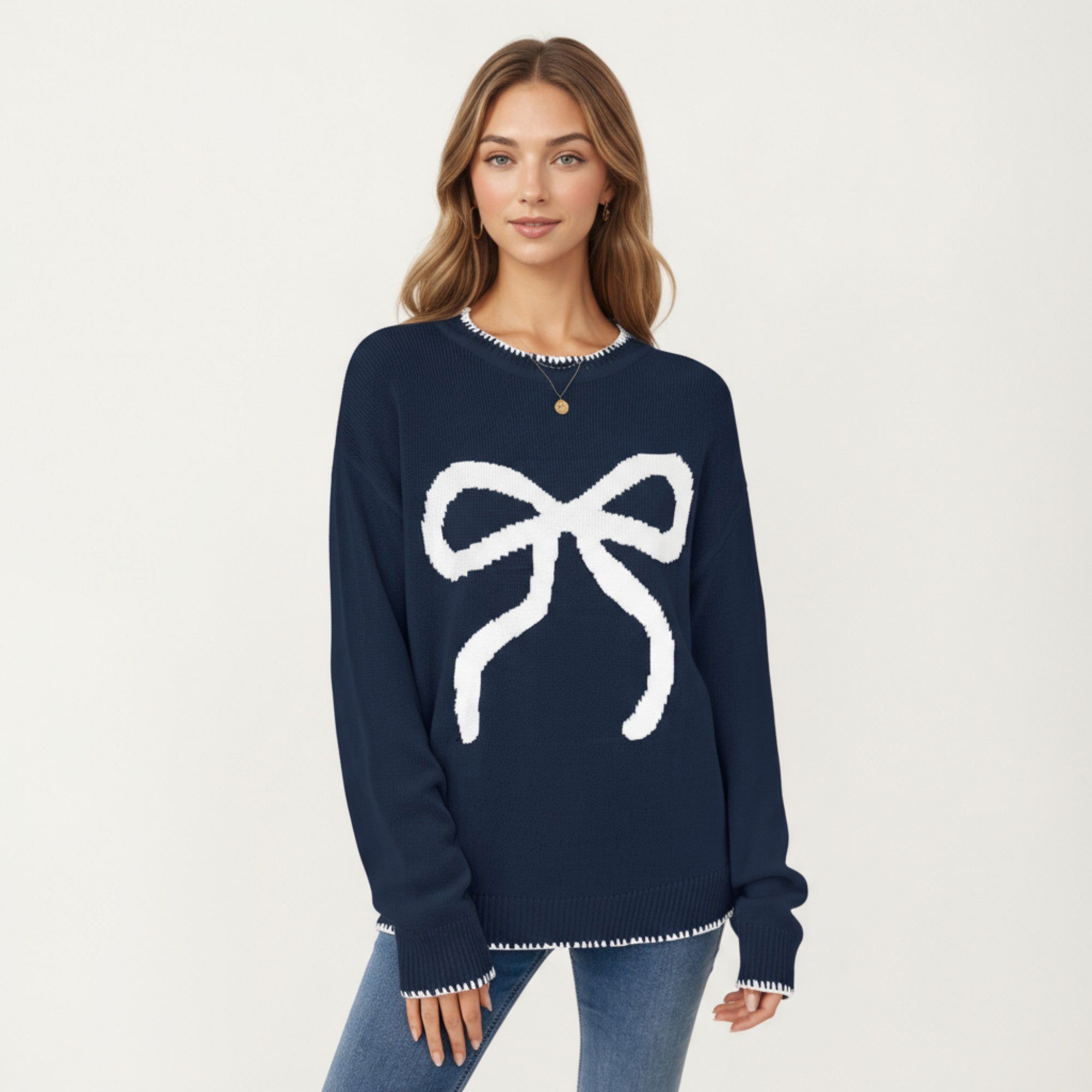 Anna-Kaci Women's Long Sleeve Knit Sweater with Textured Bow Front Detail and Ribbed Trim