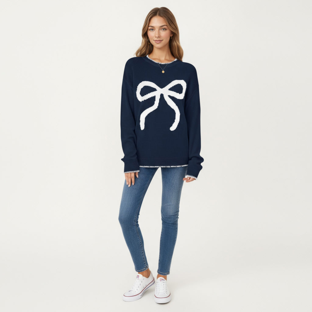 Anna-Kaci Women's Long Sleeve Knit Sweater with Textured Bow Front Detail and Ribbed Trim