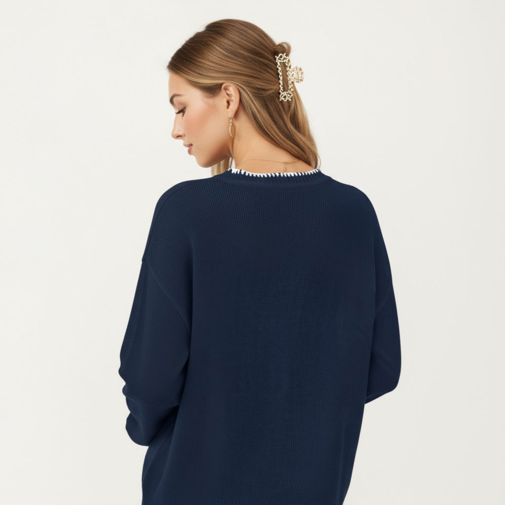 Anna-Kaci Women's Long Sleeve Knit Sweater with Textured Bow Front Detail and Ribbed Trim