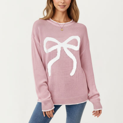 Anna-Kaci Women's Long Sleeve Knit Sweater with Textured Bow Front Detail and Ribbed Trim