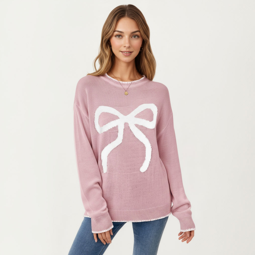 Anna-Kaci Women's Long Sleeve Knit Sweater with Textured Bow Front Detail and Ribbed Trim