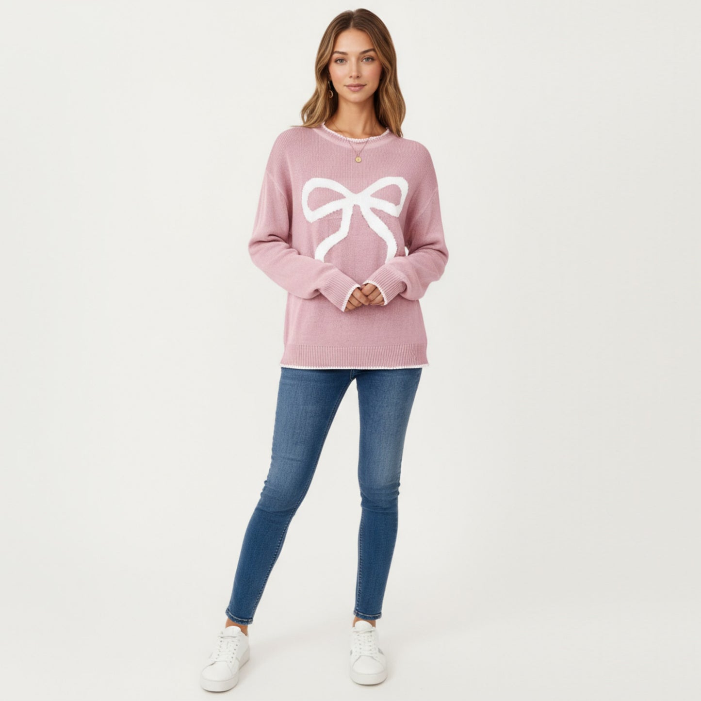 Anna-Kaci Women's Long Sleeve Knit Sweater with Textured Bow Front Detail and Ribbed Trim