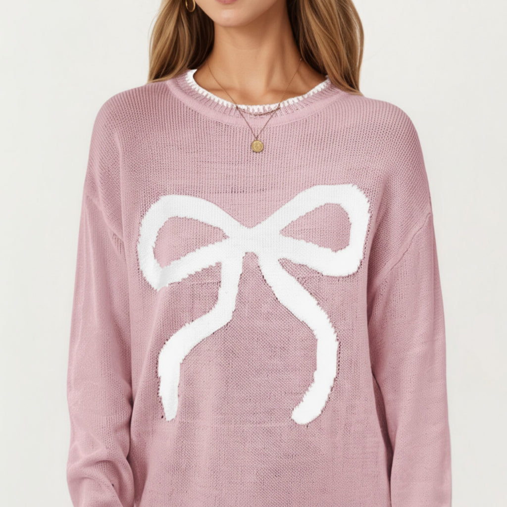 Anna-Kaci Women's Long Sleeve Knit Sweater with Textured Bow Front Detail and Ribbed Trim