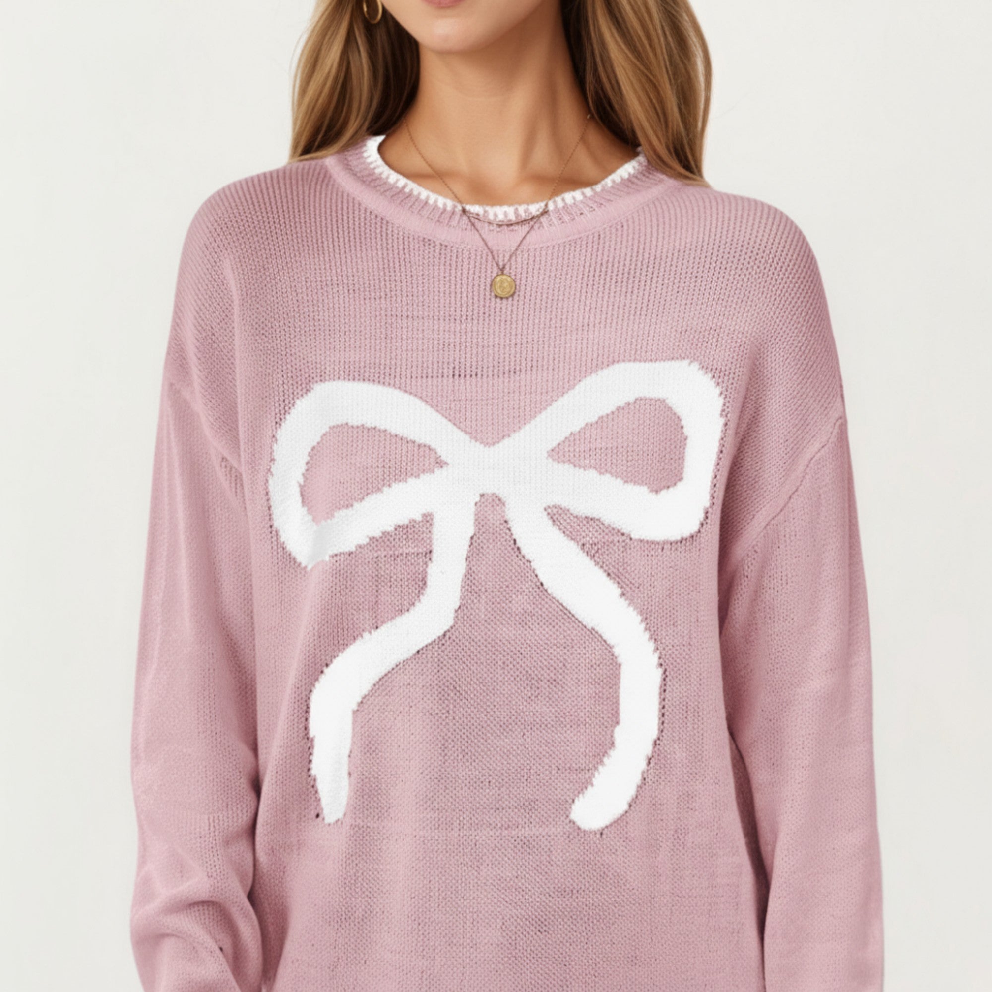 Anna-Kaci Women's Long Sleeve Knit Sweater with Textured Bow Front Detail and Ribbed Trim