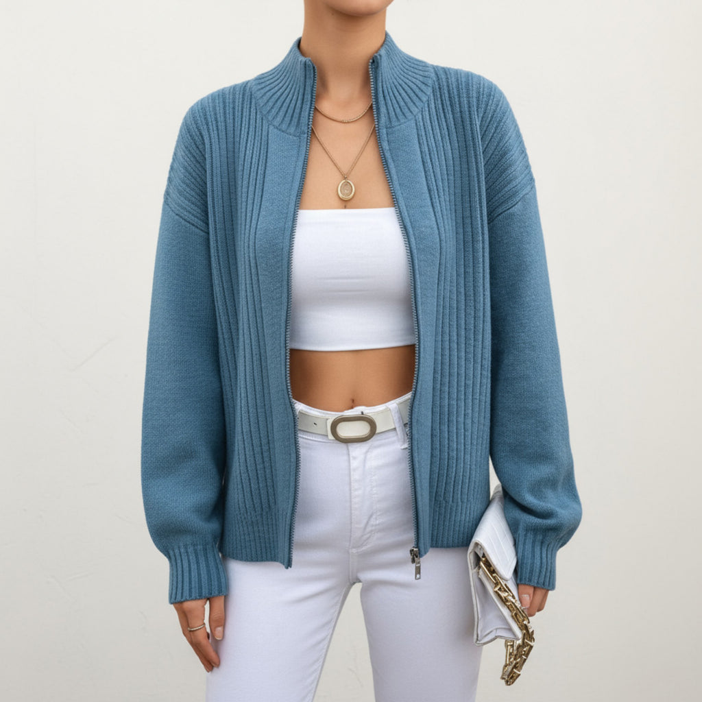 Anna-Kaci Women's Ribbed Knit Zip-Up Cardigan with High Collar and Long Sleeves