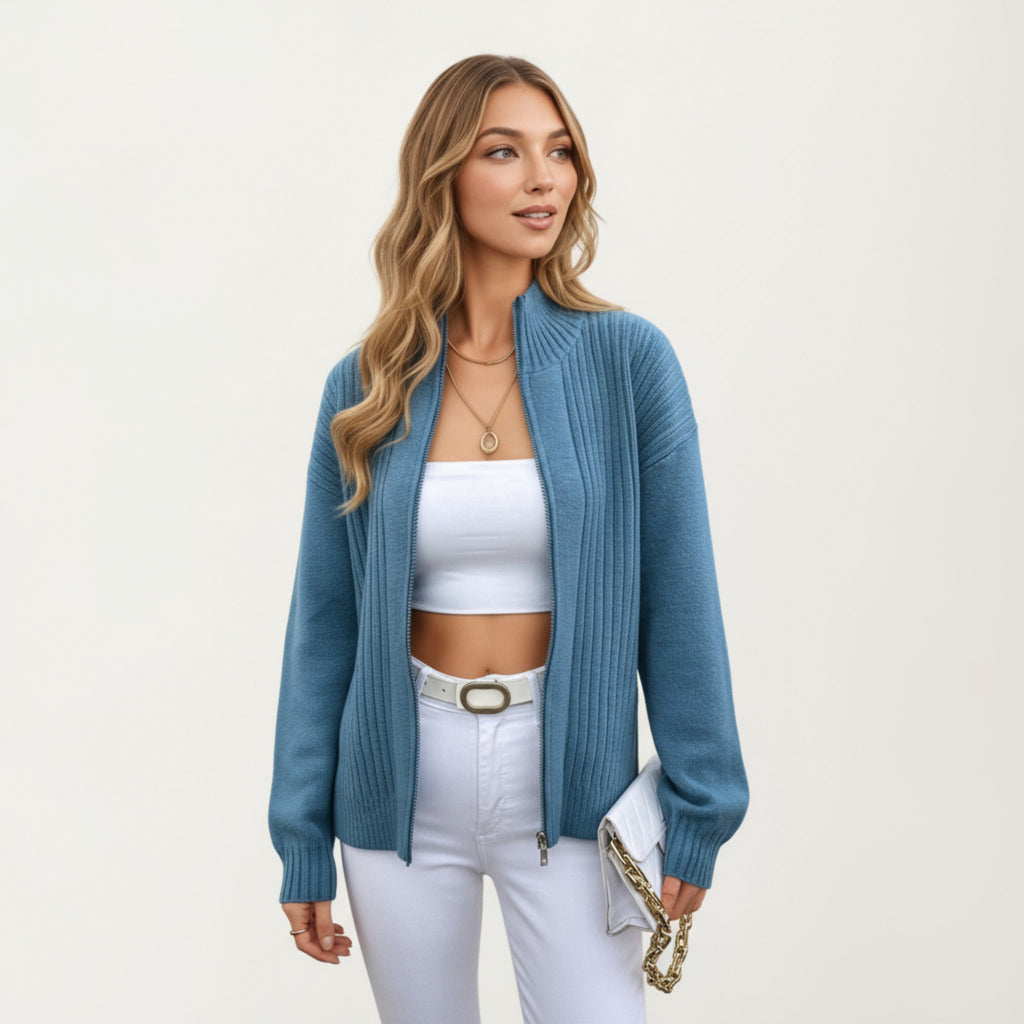 Anna-Kaci Women's Ribbed Knit Zip-Up Cardigan with High Collar and Long Sleeves