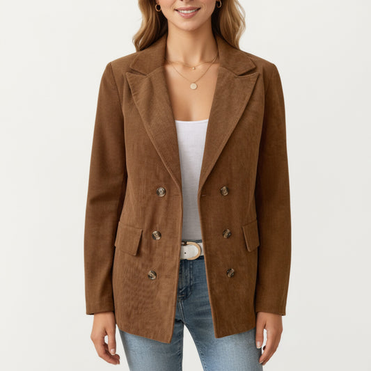 Anna-Kaci Women's Double Breasted Corduroy Blazer with Notched Lapel and Front Flap Pockets