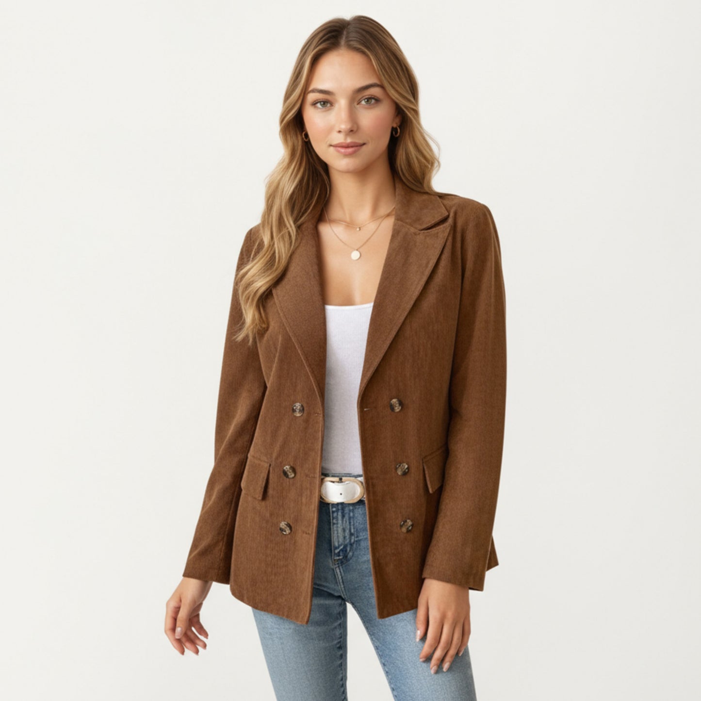 Anna-Kaci Women's Double Breasted Corduroy Blazer with Notched Lapel and Front Flap Pockets