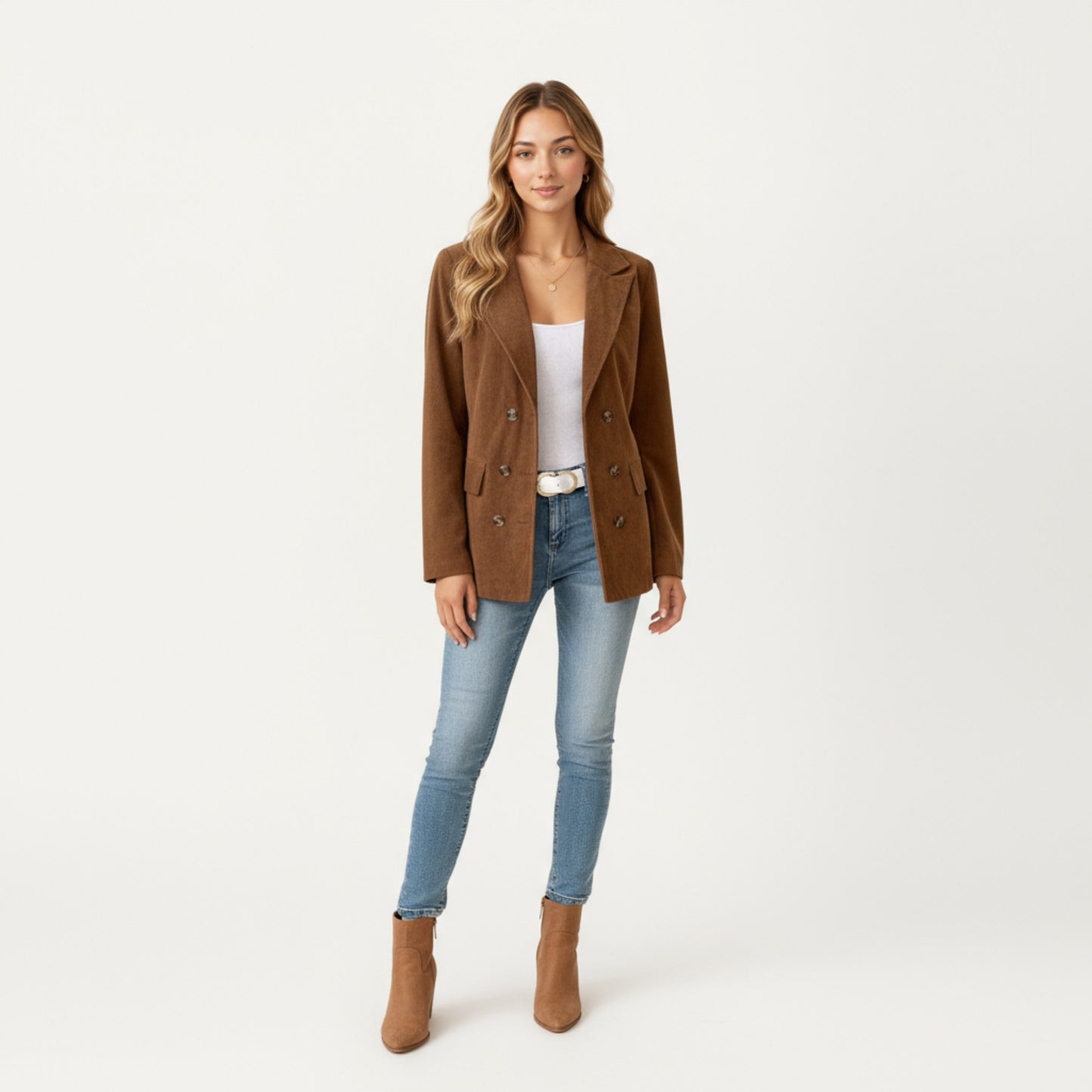 Anna-Kaci Women's Double Breasted Corduroy Blazer with Notched Lapel and Front Flap Pockets