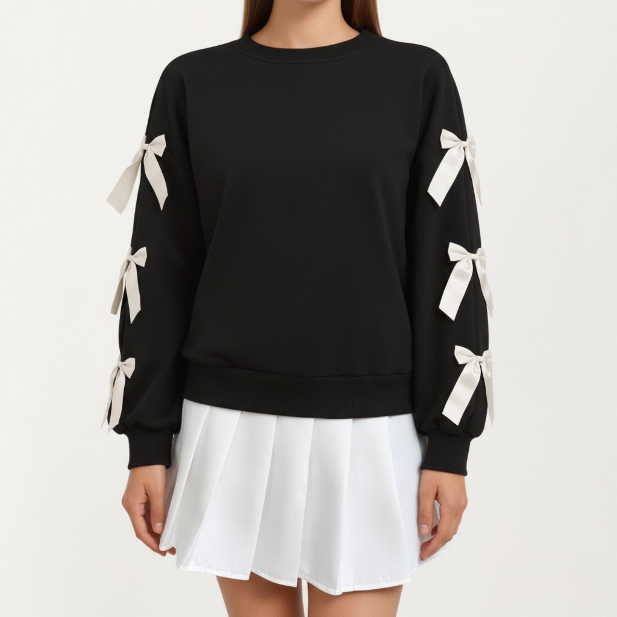 Anna-Kaci Women's Long Sleeve Pullover Sweatshirt with Ribbon Bow Tie Details on Sleeves
