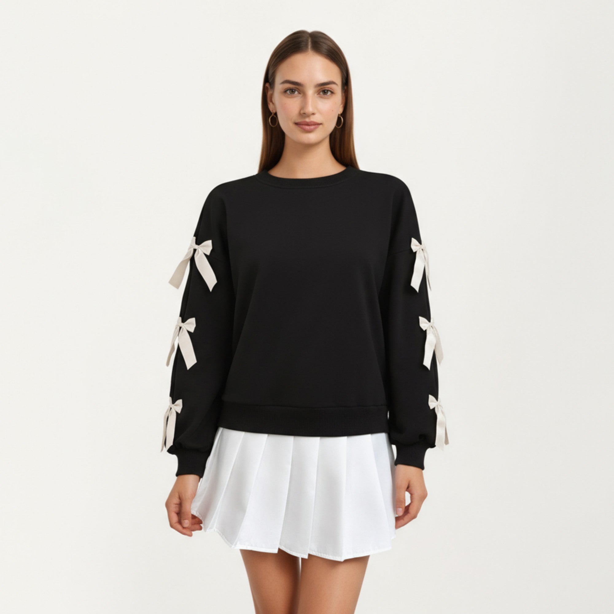 Anna-Kaci Women's Long Sleeve Pullover Sweatshirt with Ribbon Bow Tie Details on Sleeves