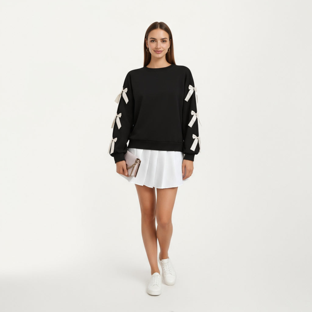 Anna-Kaci Women's Long Sleeve Pullover Sweatshirt with Ribbon Bow Tie Details on Sleeves