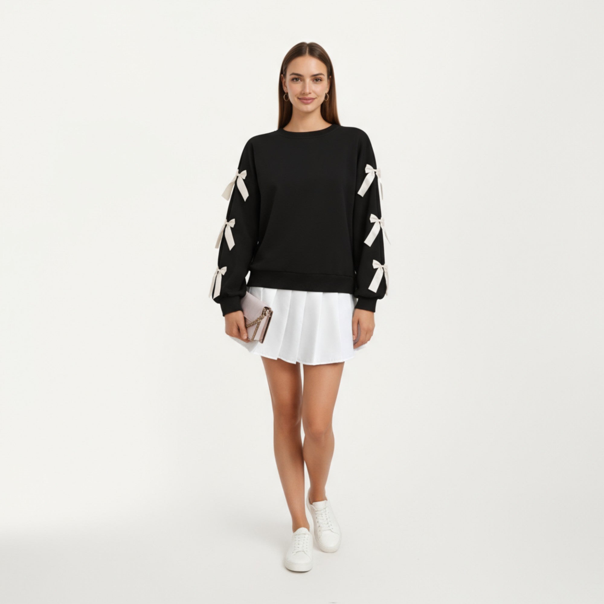 Anna-Kaci Women's Long Sleeve Pullover Sweatshirt with Ribbon Bow Tie Details on Sleeves