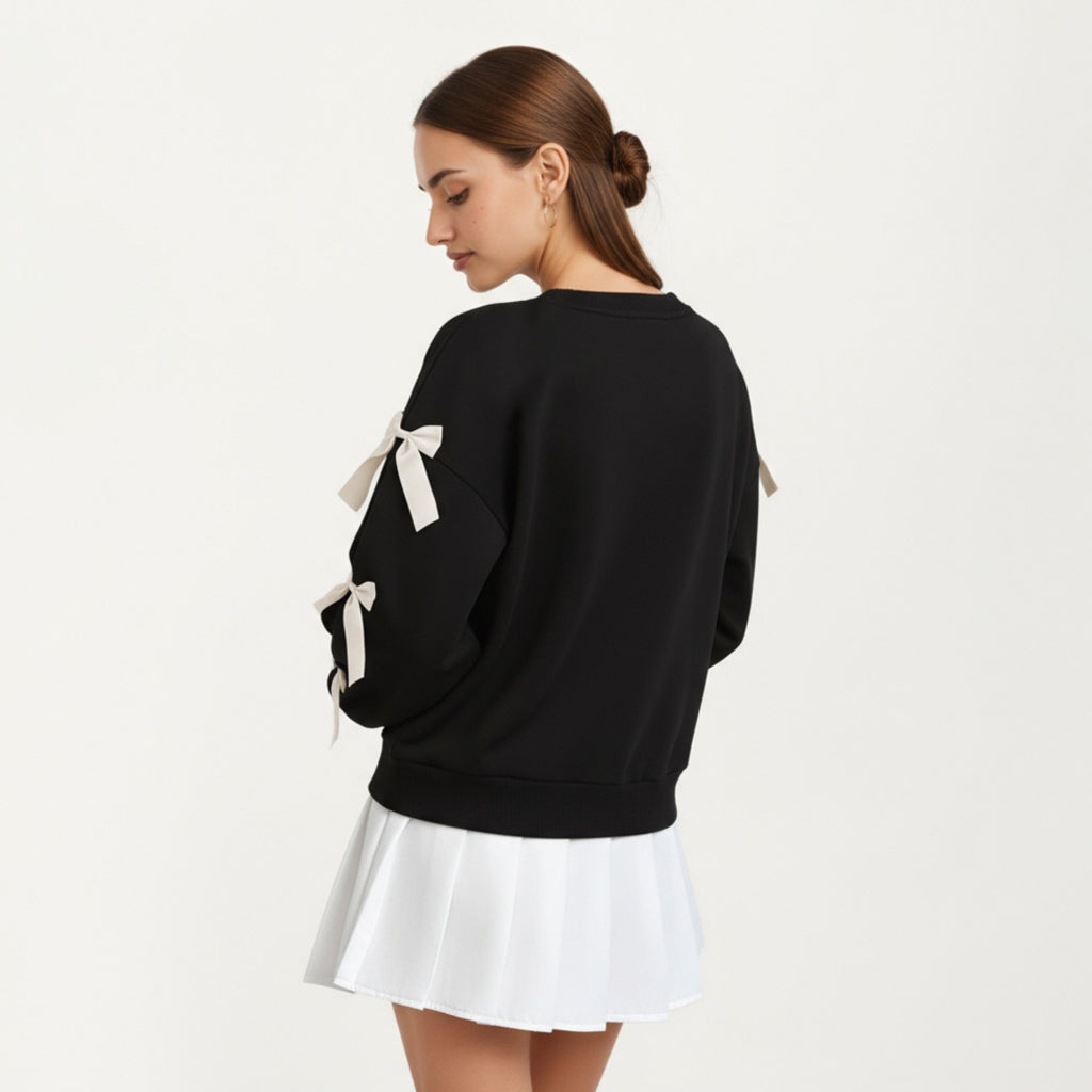 Anna-Kaci Women's Long Sleeve Pullover Sweatshirt with Ribbon Bow Tie Details on Sleeves