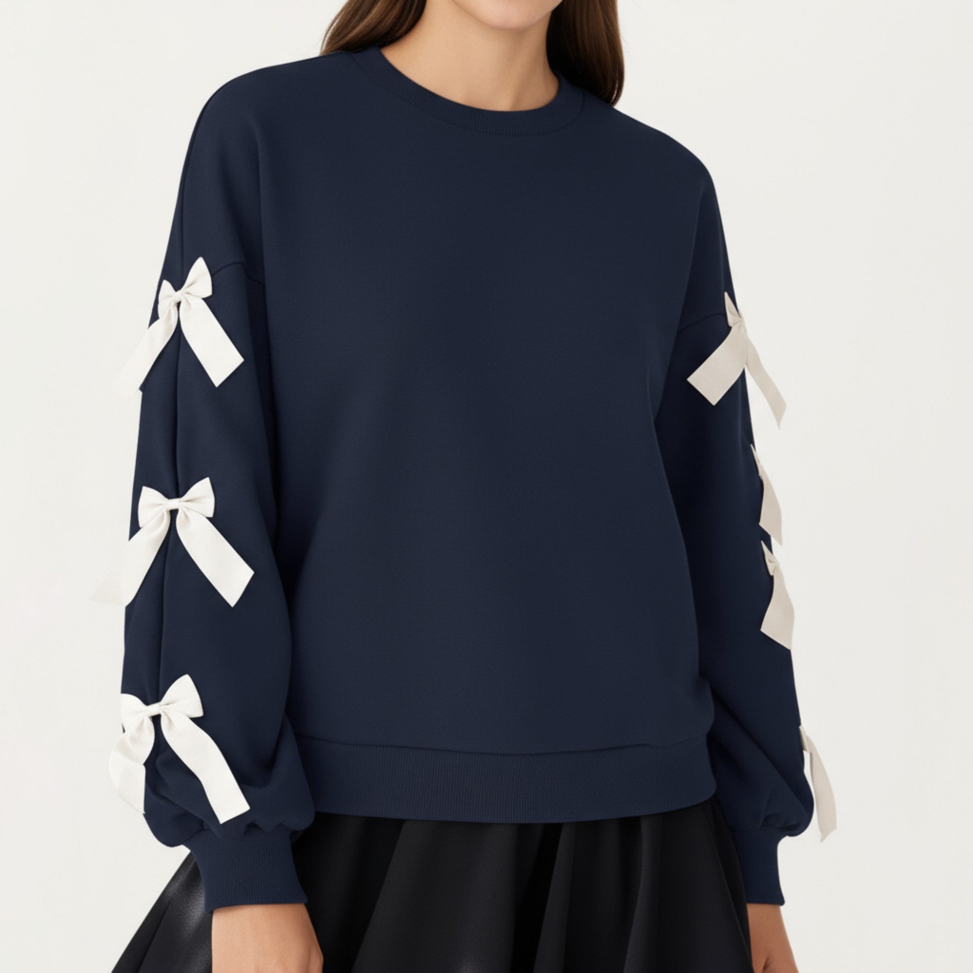 Anna-Kaci Women's Long Sleeve Pullover Sweatshirt with Ribbon Bow Tie Details on Sleeves
