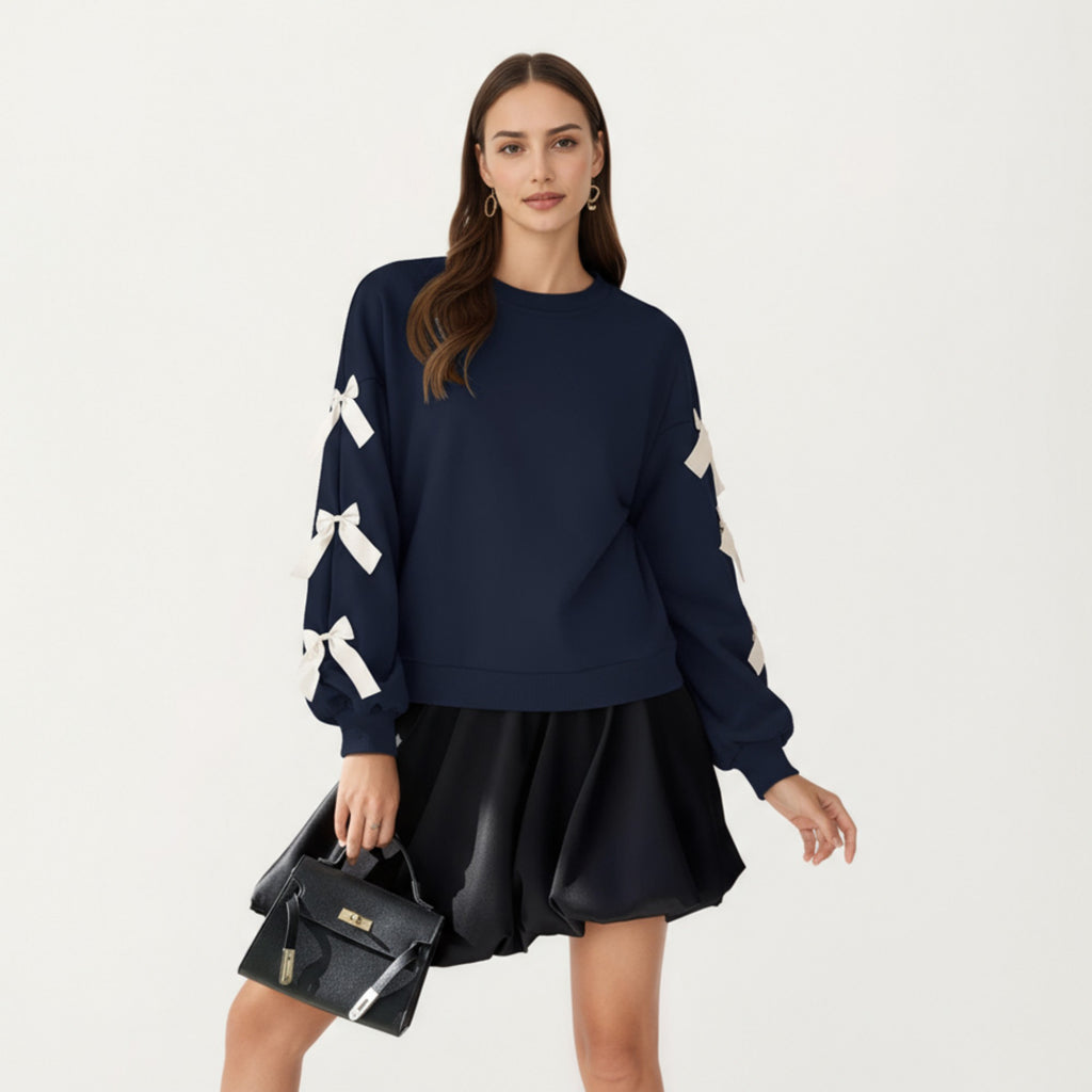 Anna-Kaci Women's Long Sleeve Pullover Sweatshirt with Ribbon Bow Tie Details on Sleeves