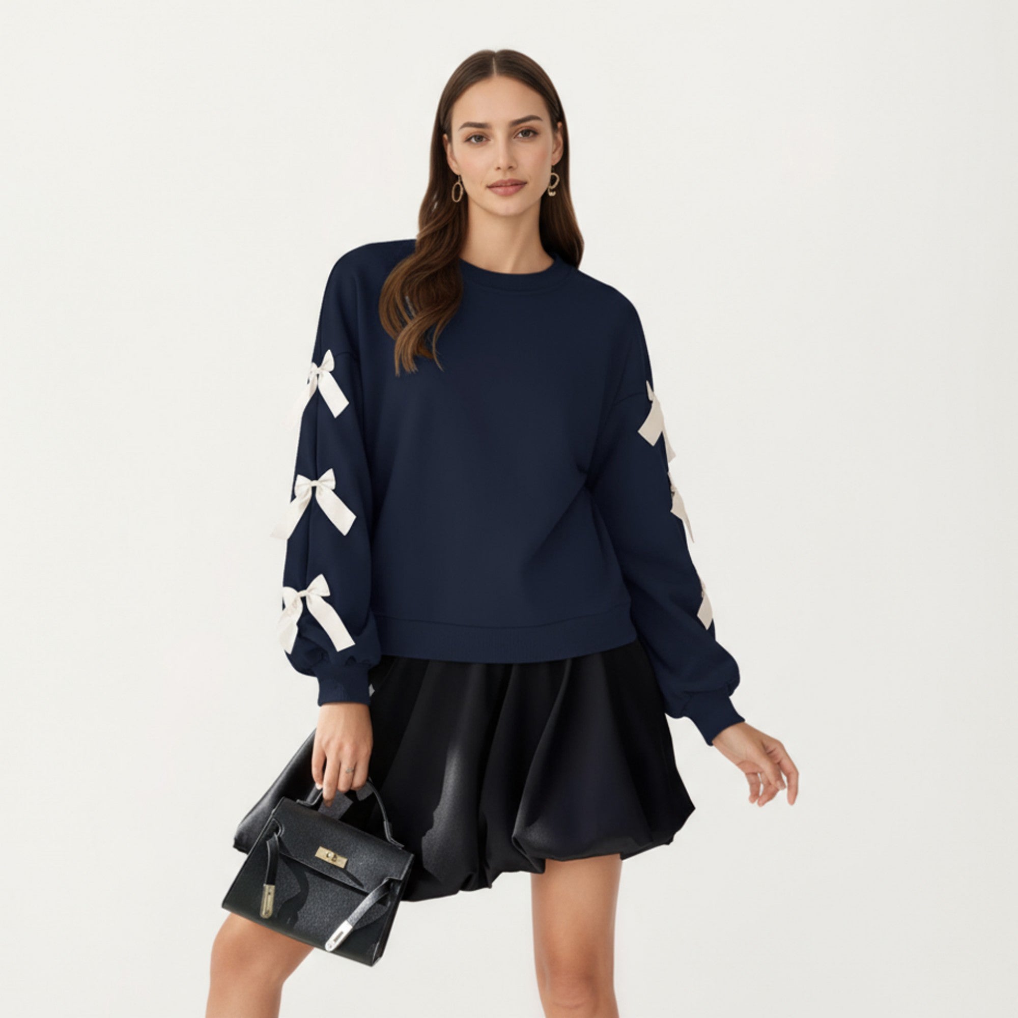 Anna-Kaci Women's Long Sleeve Pullover Sweatshirt with Ribbon Bow Tie Details on Sleeves