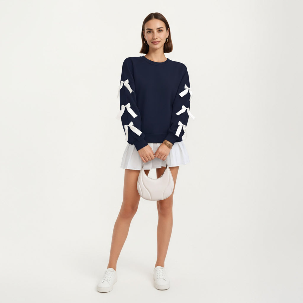 Anna-Kaci Women's Long Sleeve Pullover Sweatshirt with Ribbon Bow Tie Details on Sleeves