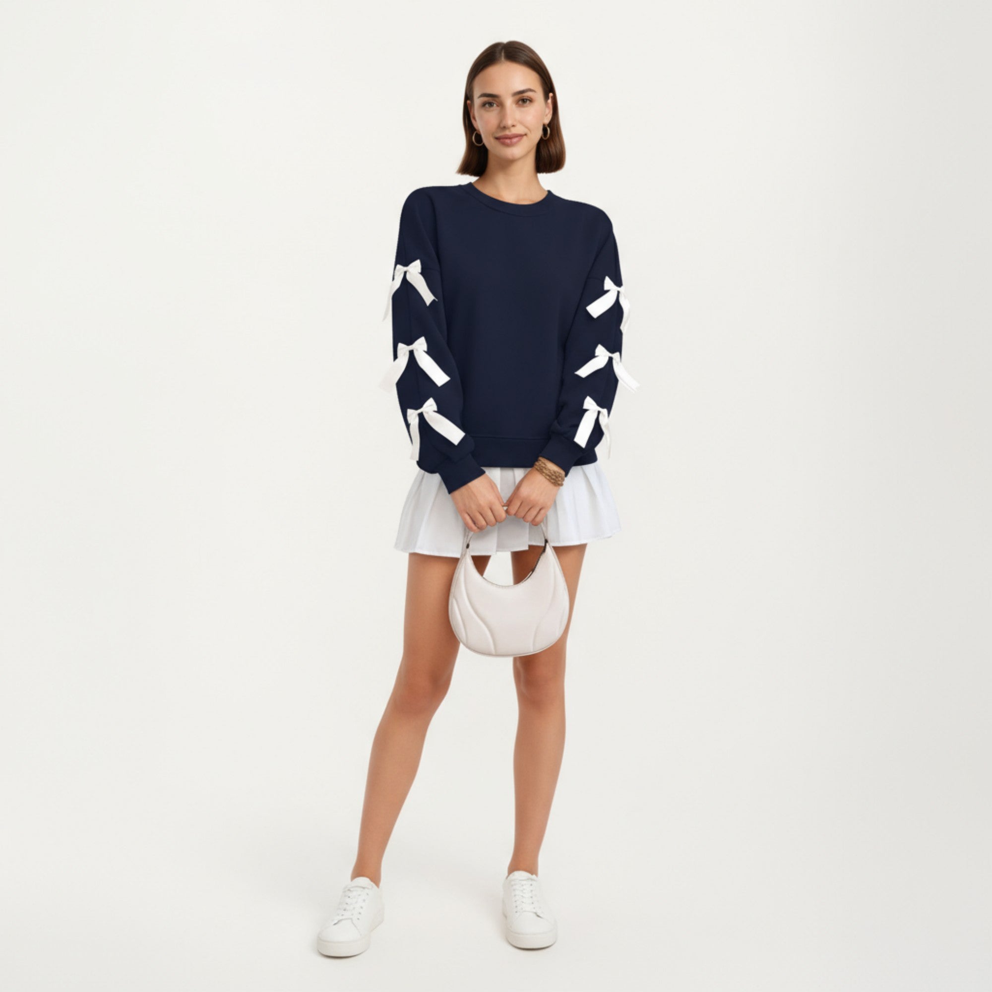 Anna-Kaci Women's Long Sleeve Pullover Sweatshirt with Ribbon Bow Tie Details on Sleeves