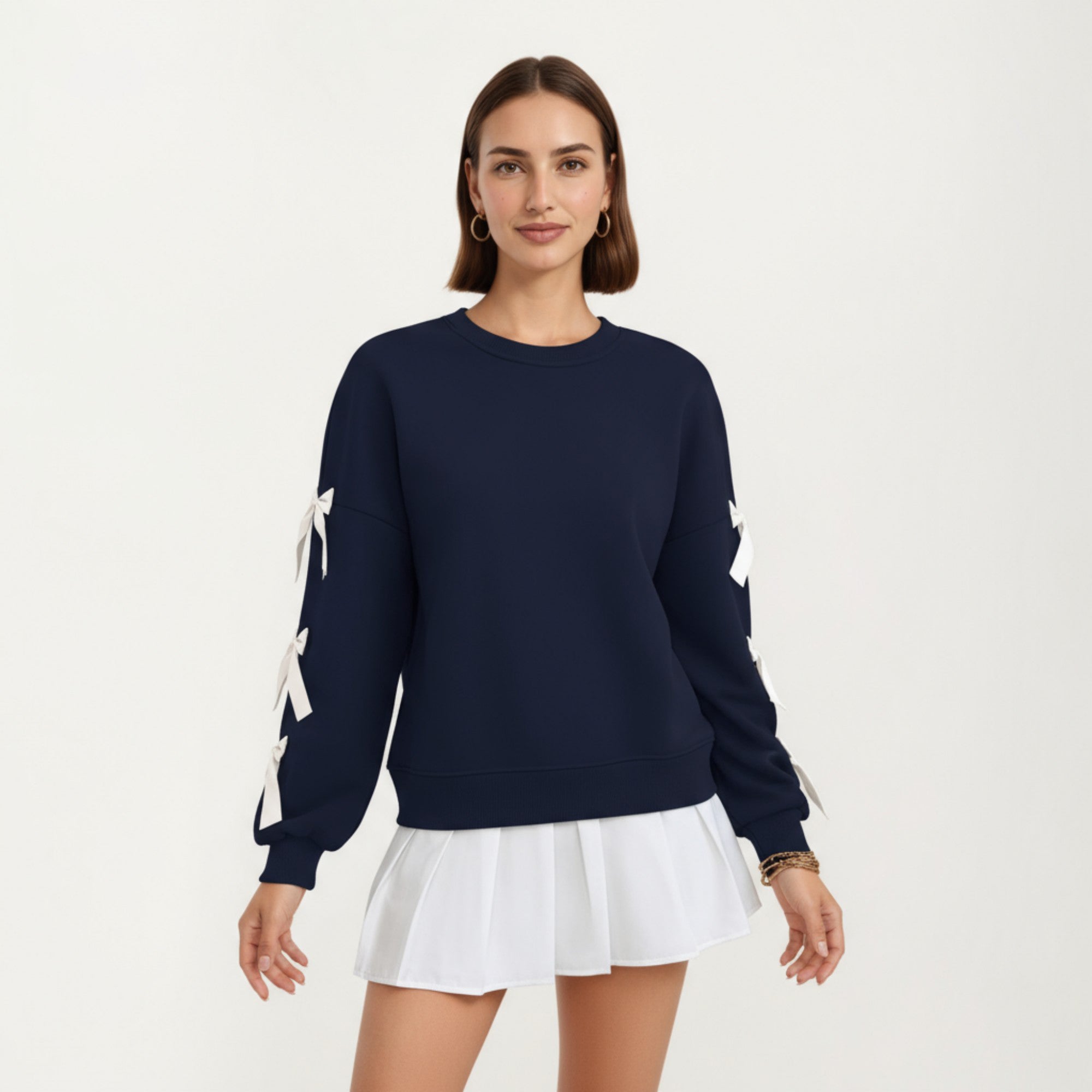 Anna-Kaci Women's Long Sleeve Pullover Sweatshirt with Ribbon Bow Tie Details on Sleeves