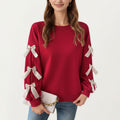 Anna-Kaci Women's Long Sleeve Pullover Sweatshirt with Ribbon Bow Tie Details on Sleeves