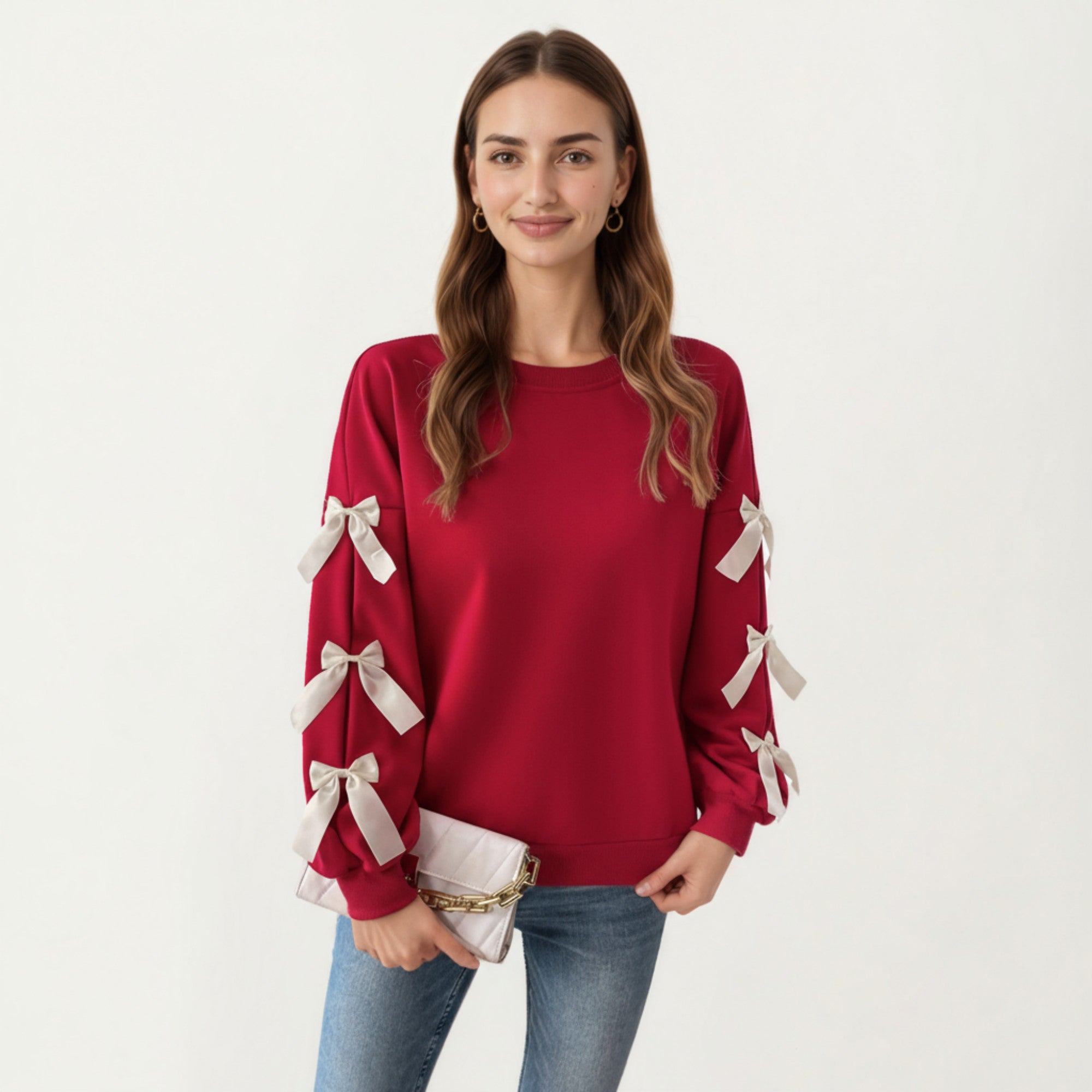 Anna-Kaci Women's Long Sleeve Pullover Sweatshirt with Ribbon Bow Tie Details on Sleeves
