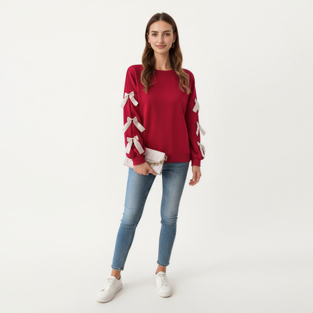 Anna-Kaci Women's Long Sleeve Pullover Sweatshirt with Ribbon Bow Tie Details on Sleeves
