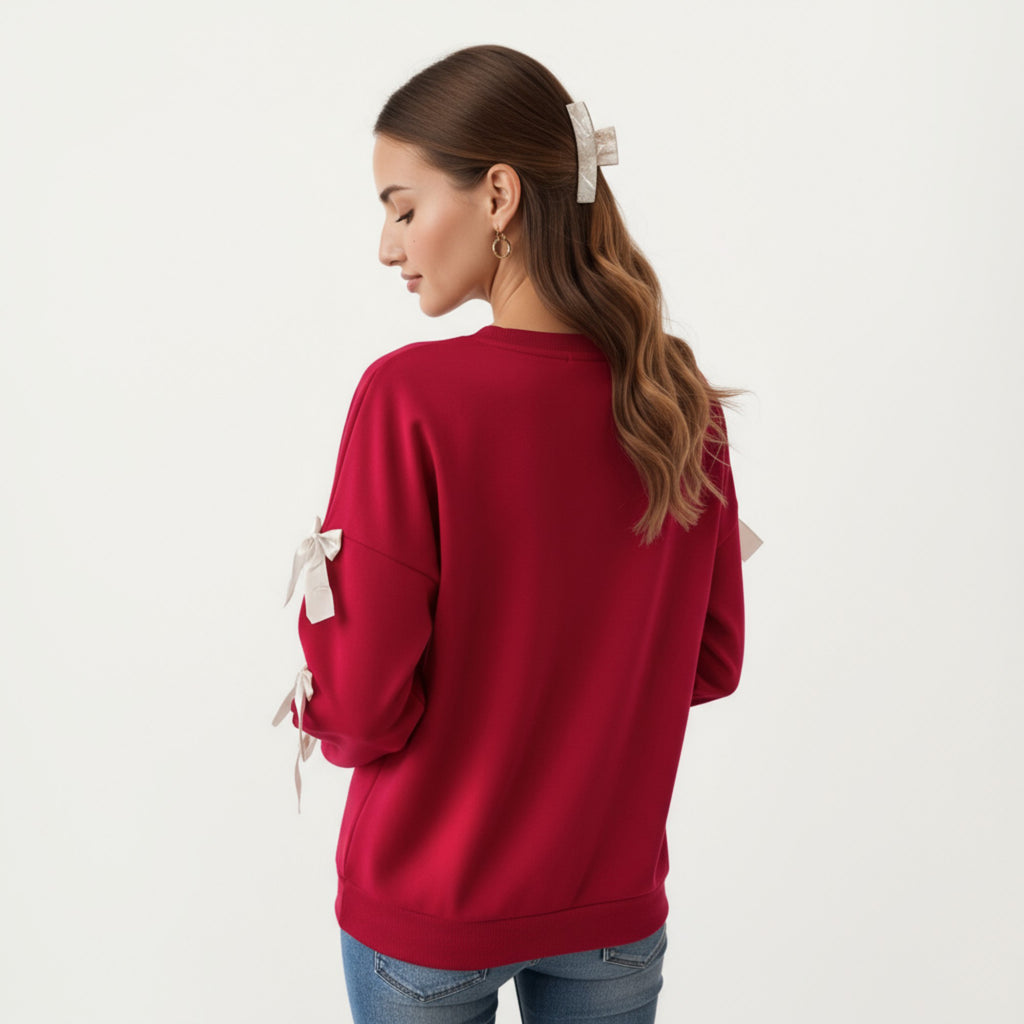 Anna-Kaci Women's Long Sleeve Pullover Sweatshirt with Ribbon Bow Tie Details on Sleeves