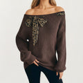 Anna-Kaci Women's Off Shoulder Knit Pullover Top with Leopard Print Bow Tie Detail
