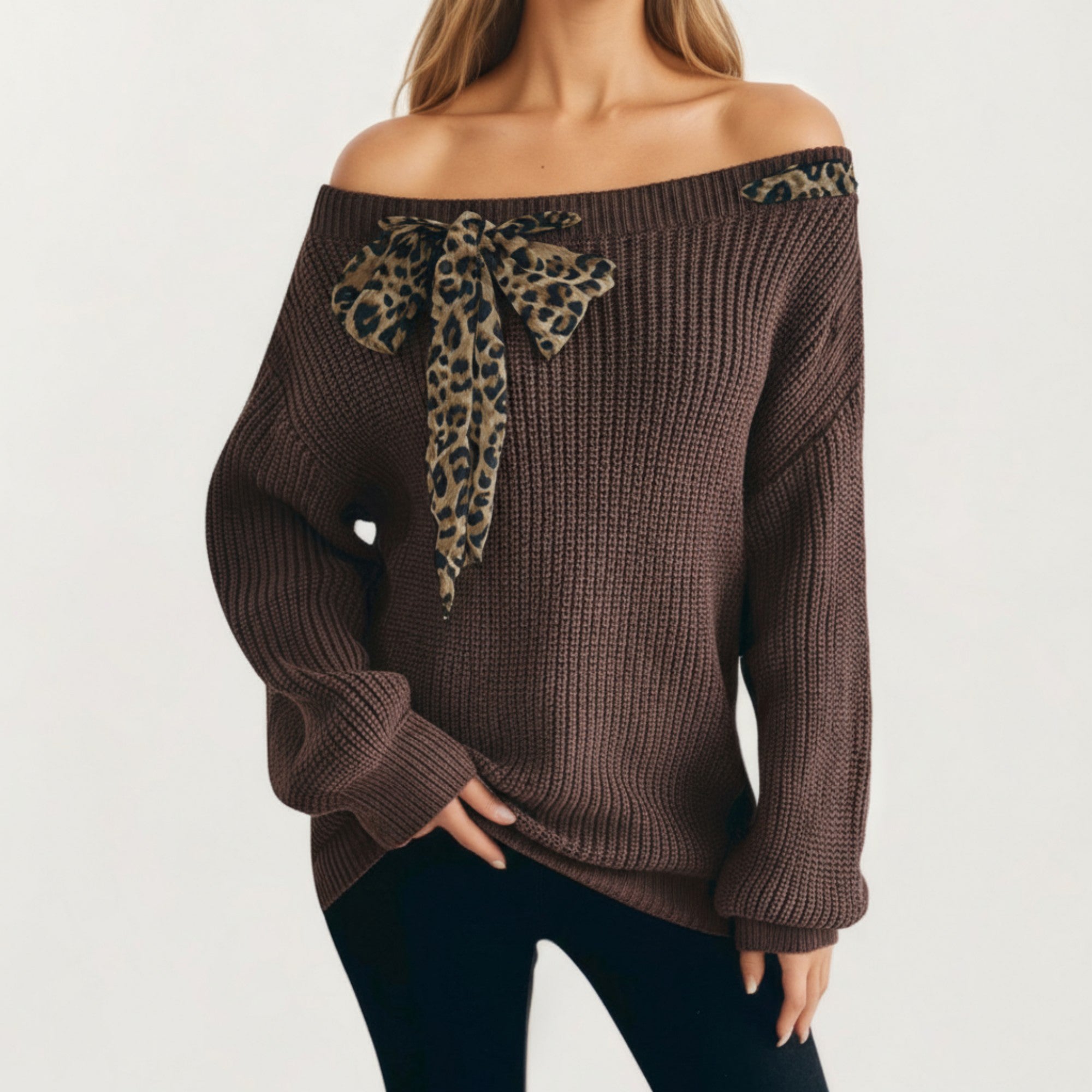 Anna-Kaci Women's Off Shoulder Knit Pullover Top with Leopard Print Bow Tie Detail
