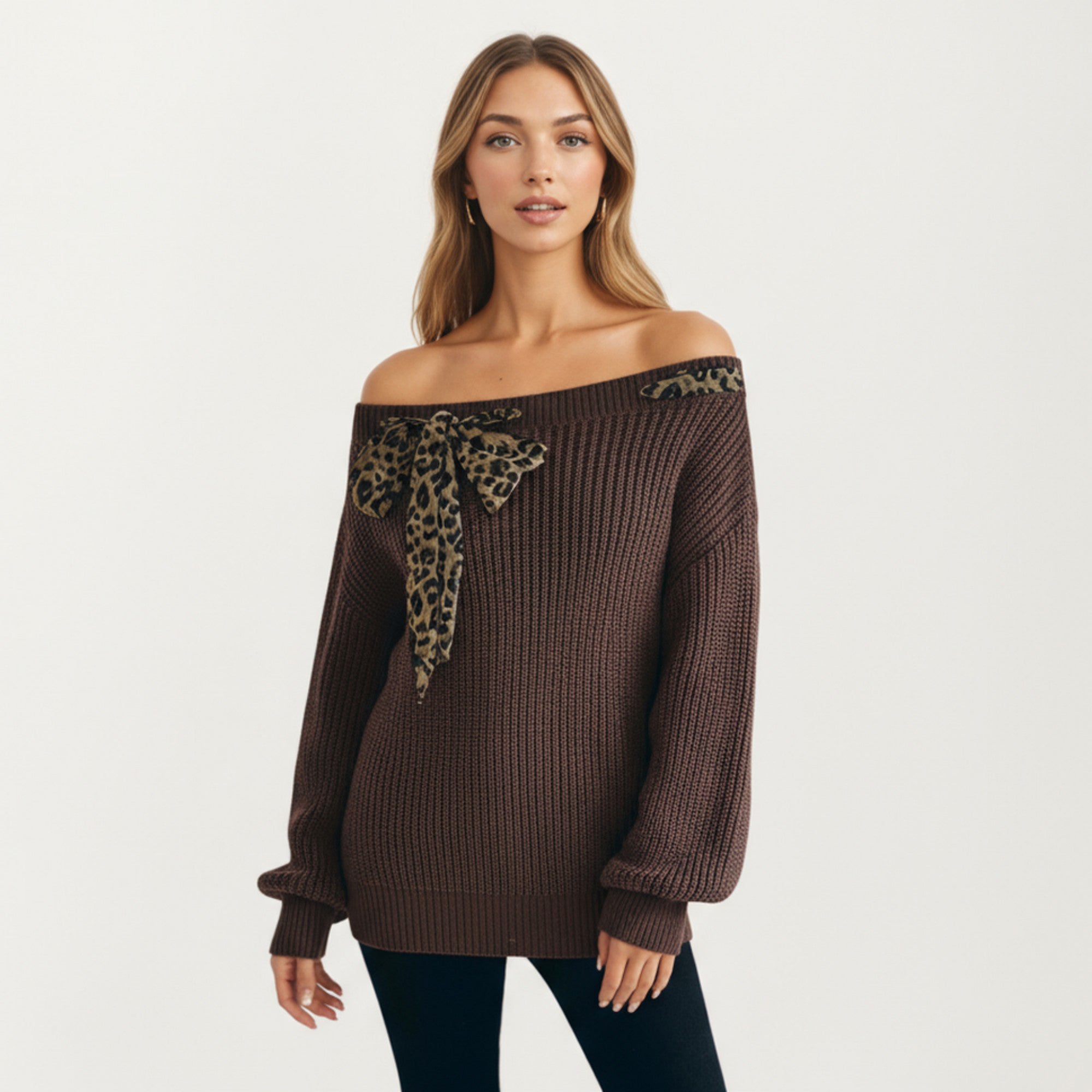Anna-Kaci Women's Off Shoulder Knit Pullover Top with Leopard Print Bow Tie Detail
