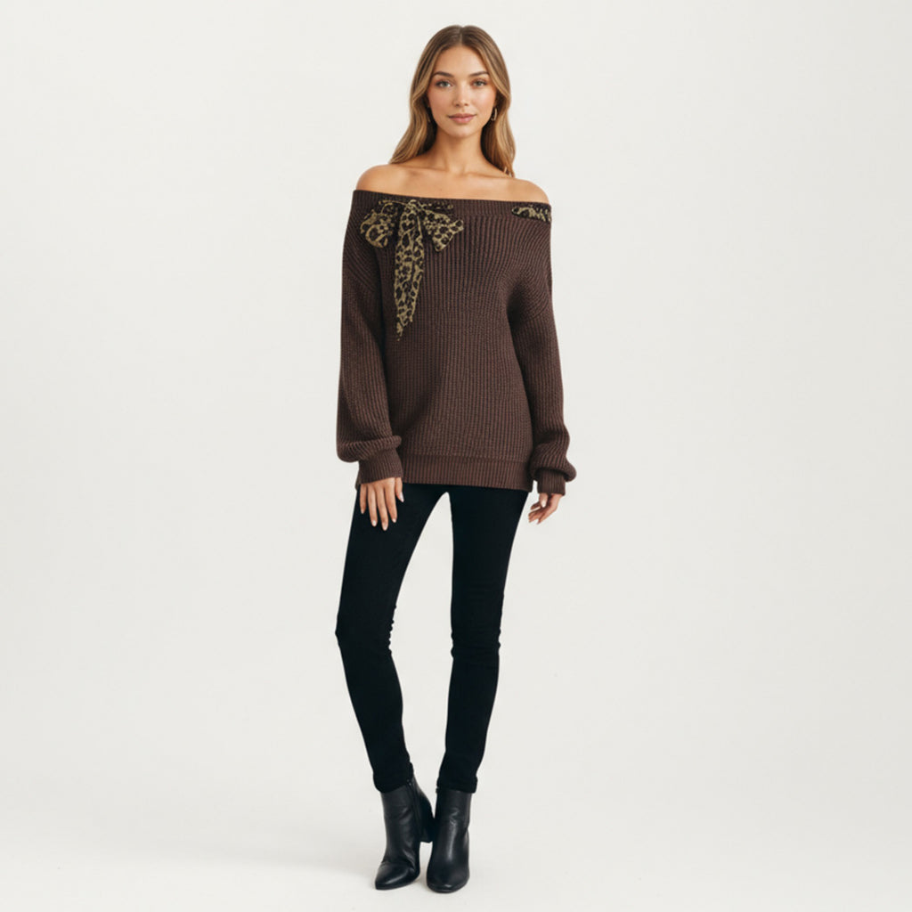 Anna-Kaci Women's Off Shoulder Knit Pullover Top with Leopard Print Bow Tie Detail